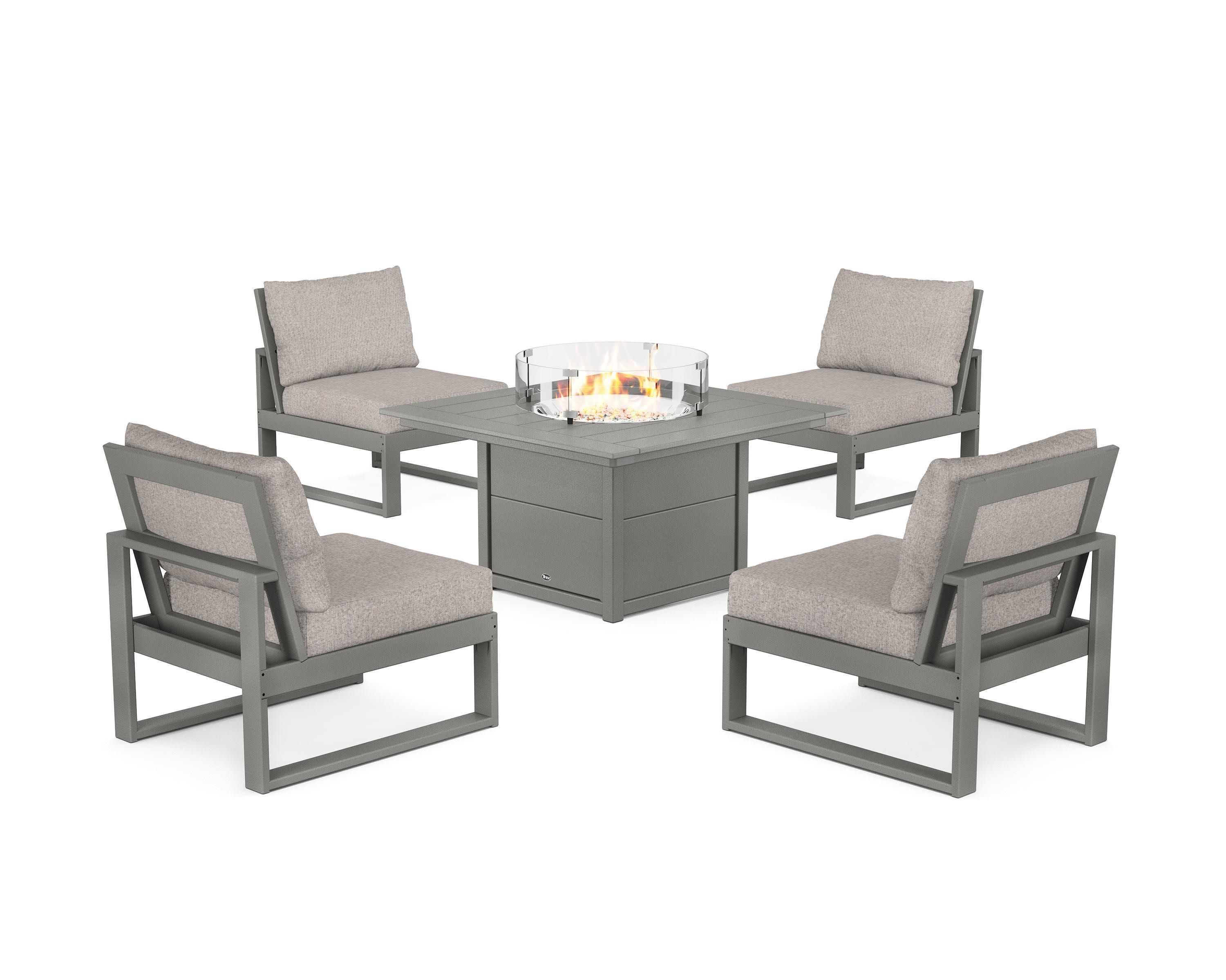 Eastport Modular 5-Piece Deep Seating Set with Square Fire Pit Table in Stepping Stone / Weathered Tweed