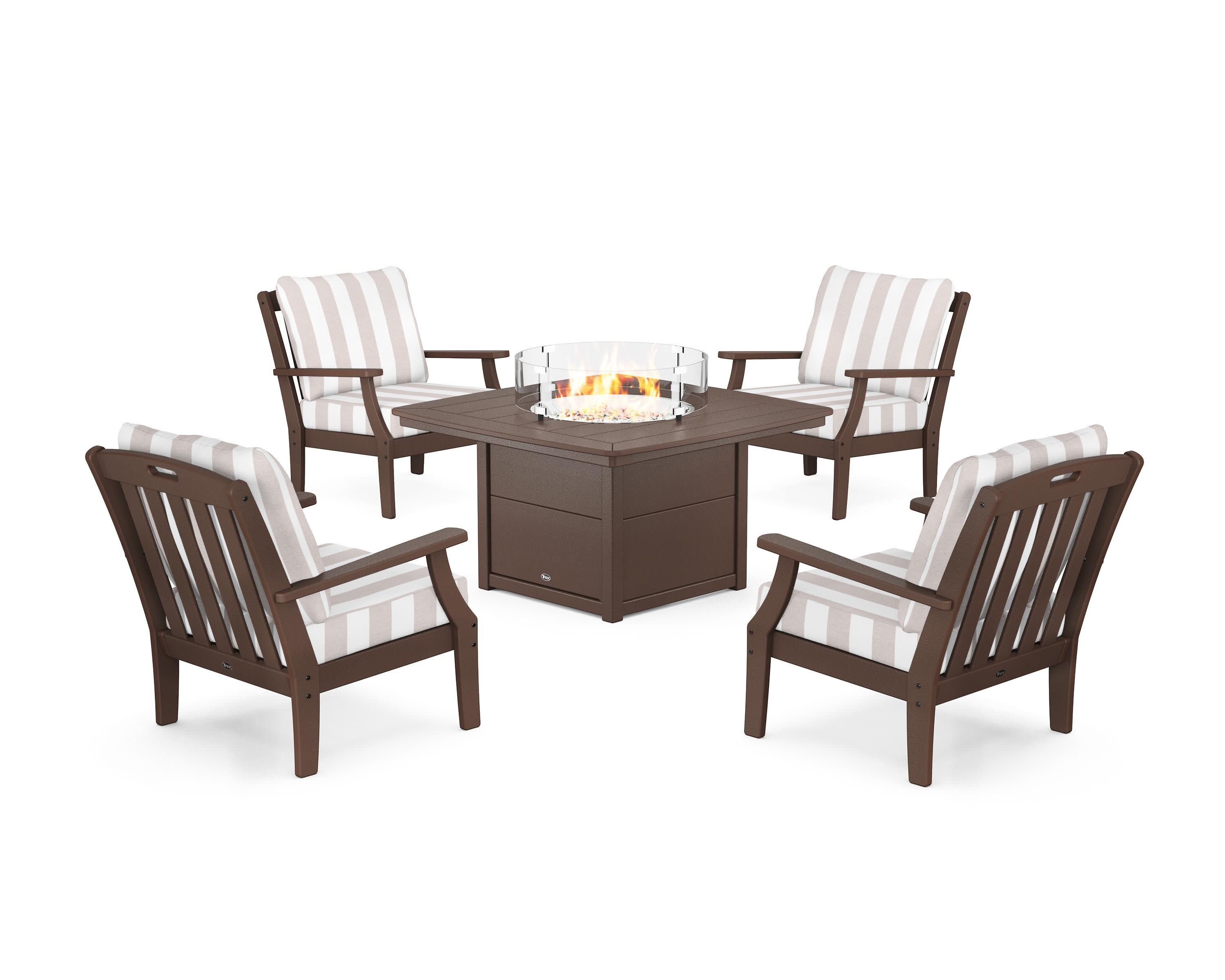 Yacht Club 5-Piece Deep Seating Set with Fire Pit Table in Vintage Lantern / Cabana Stripe Dune Burlap