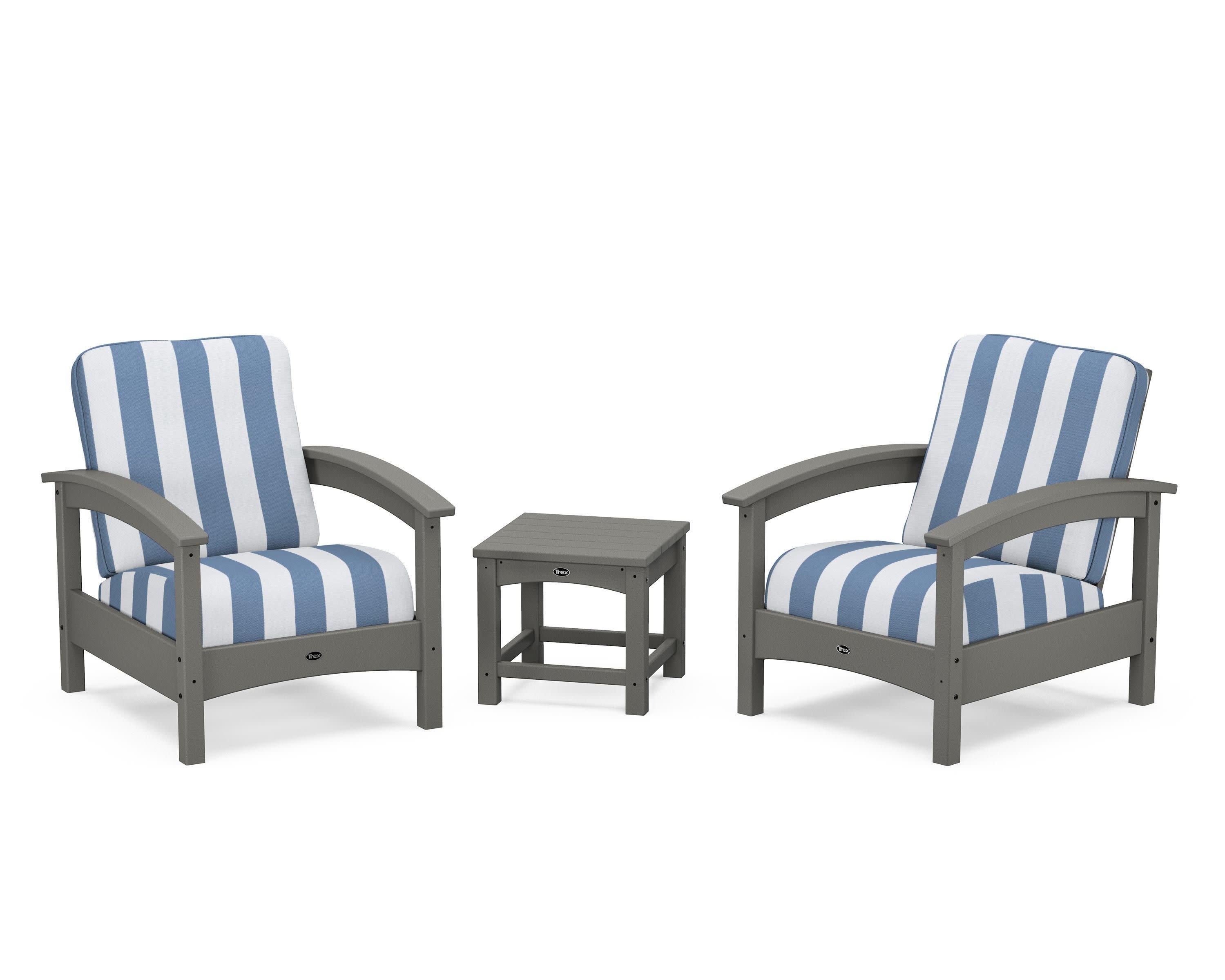 Rockport Club 3-Piece Deep Seating Conversation Set in Stepping Stone / Cabana Stripe Sky Blue