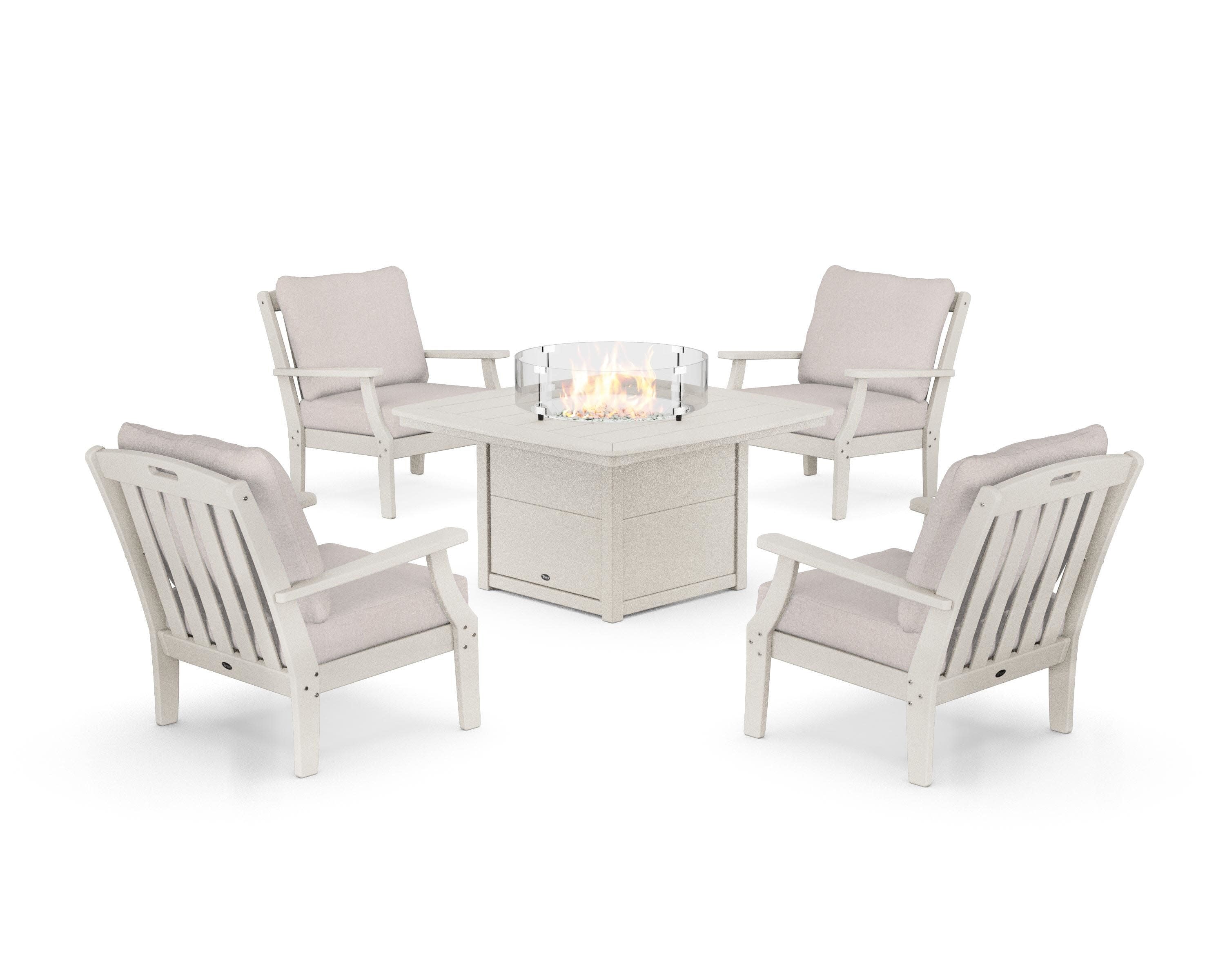 Yacht Club 5-Piece Deep Seating Set with Fire Pit Table in Sand Castle / Dune Burlap