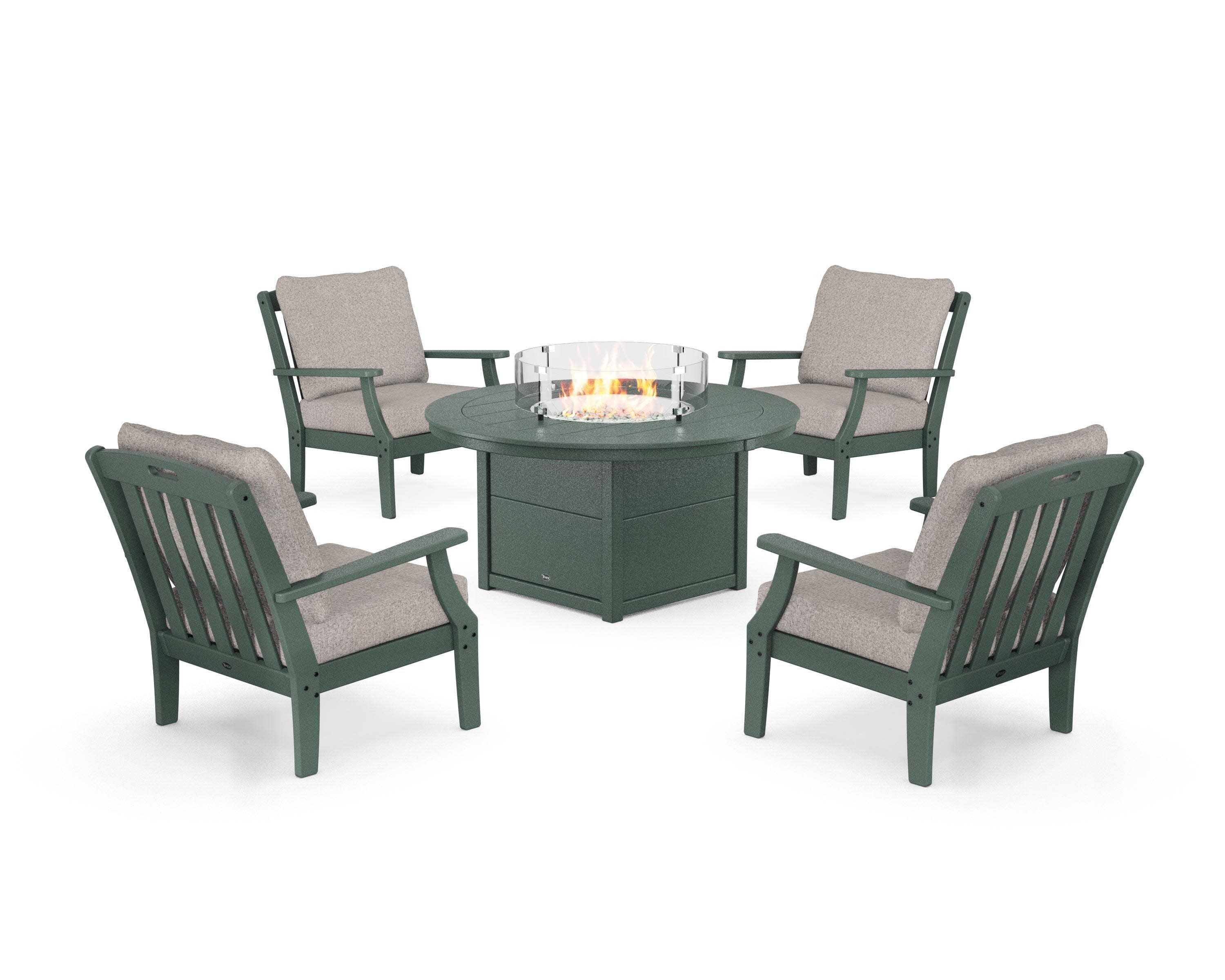 Yacht Club 5-Piece Deep Seating Set with Round Fire Pit Table in Rainforest Canopy / Weathered Tweed