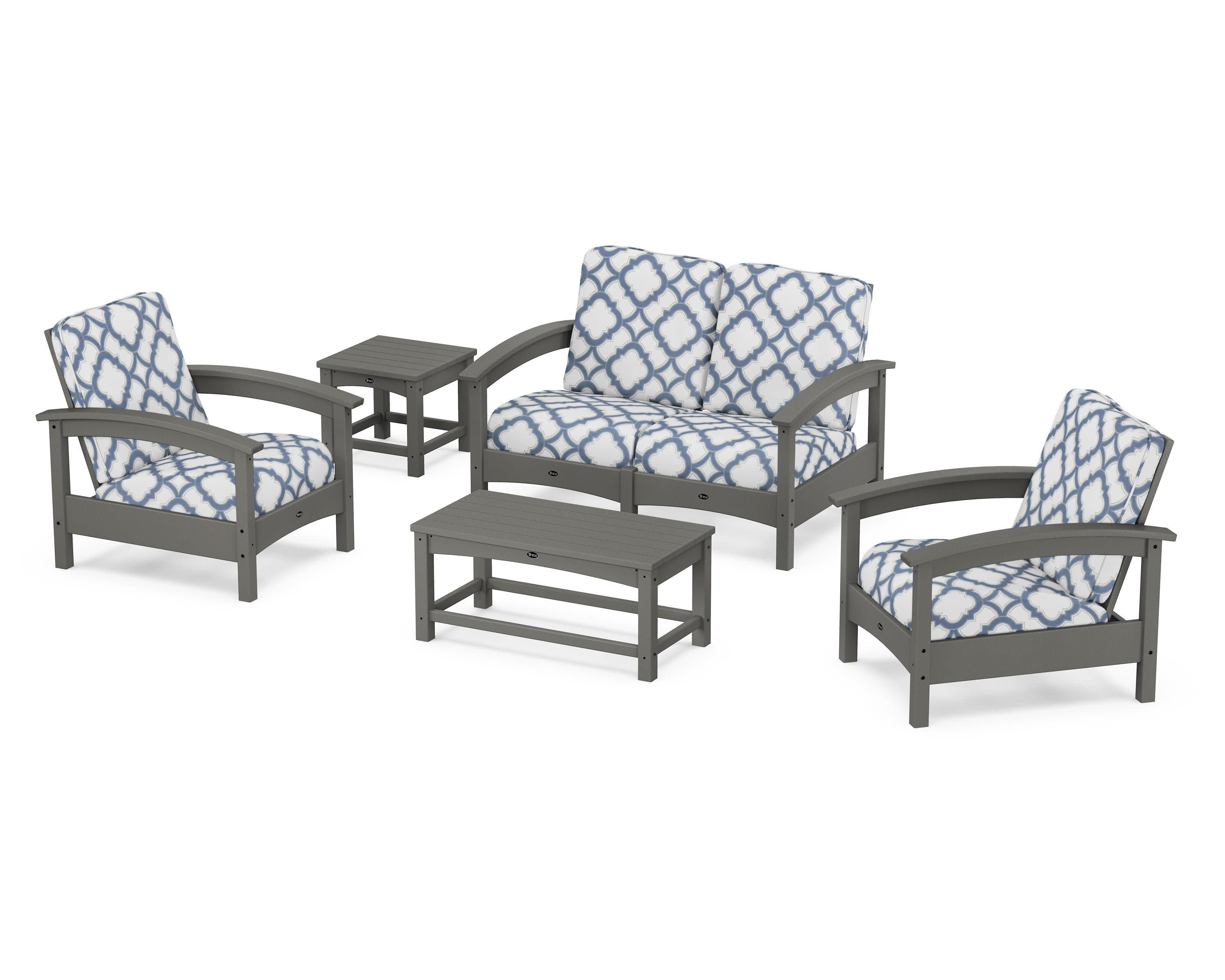 Rockport Club 6-Piece Deep Seating Conversation Set in Stepping Stone / Trellis Sky Blue