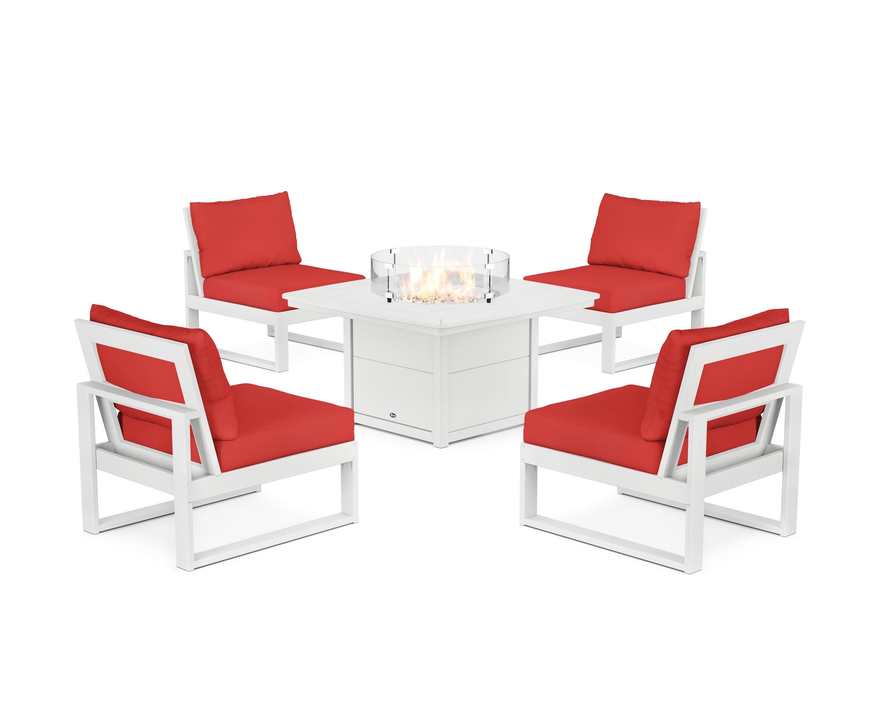 Eastport Modular 5-Piece Deep Seating Set with Yacht Club Fire Pit Table in Classic White / Crimson Linen