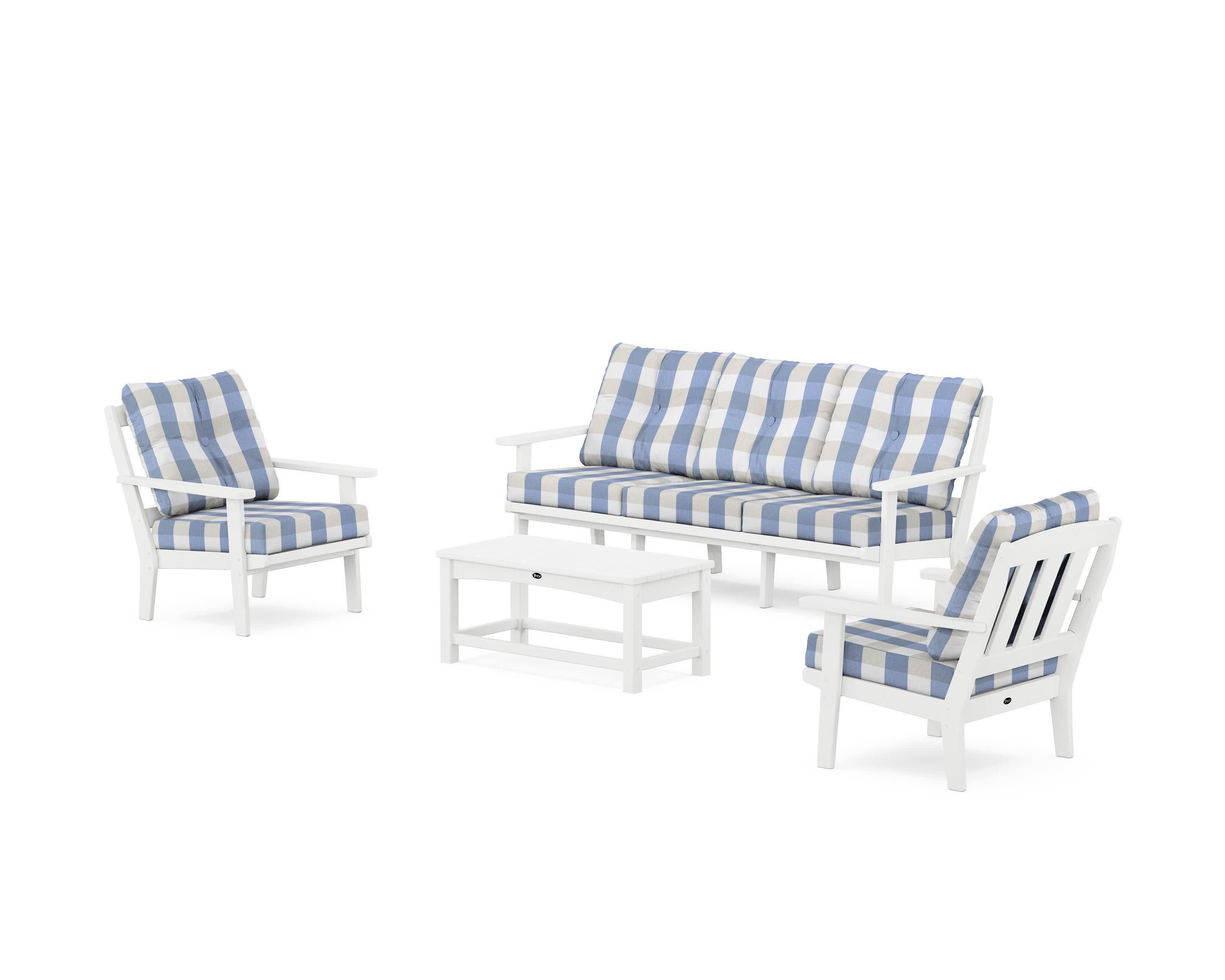 Cape Cod 4-Piece Deep Seating Set with Sofa in Classic White / Buffalo Plaid Sky Blue