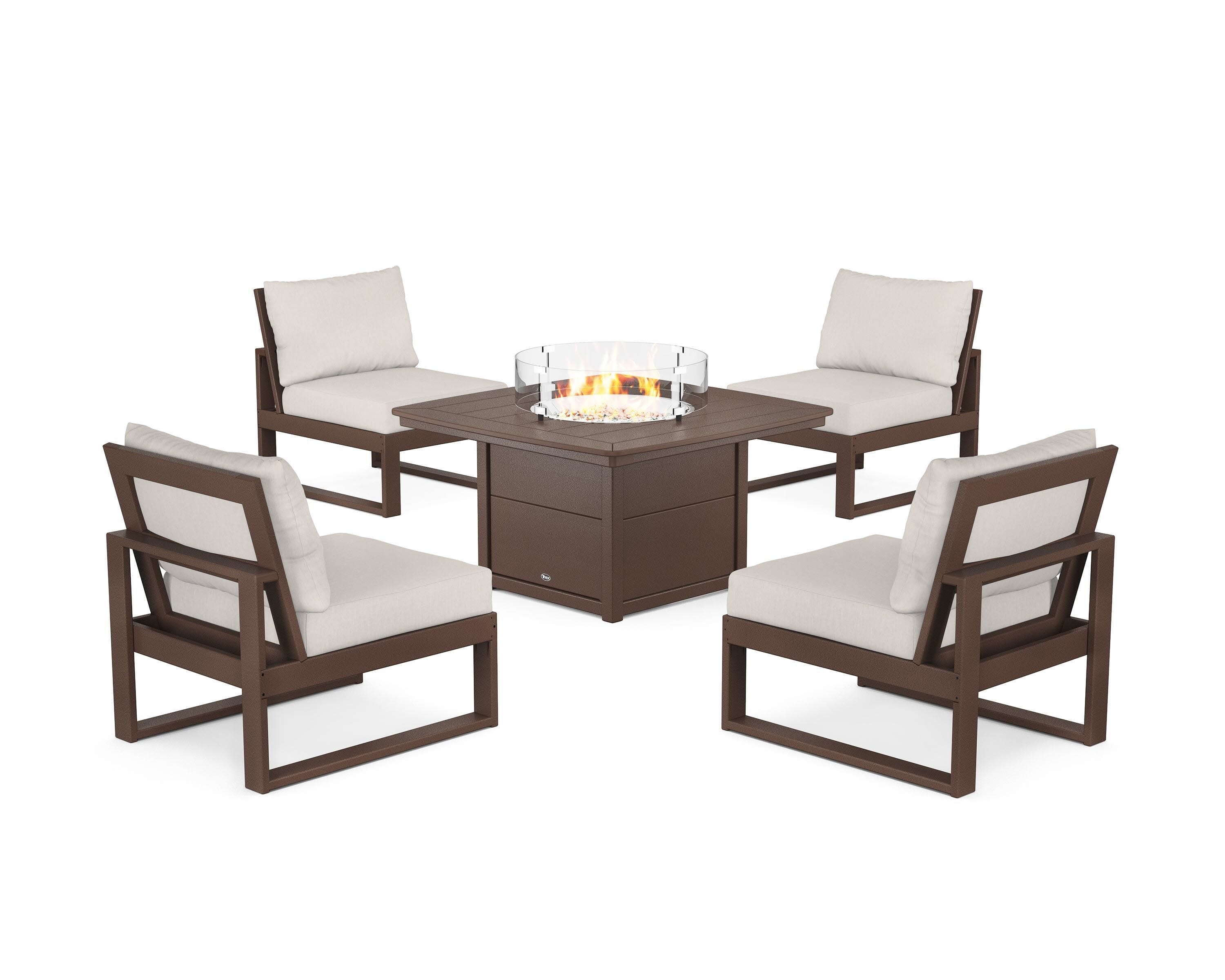 Eastport Modular 5-Piece Deep Seating Set with Yacht Club Fire Pit Table in Vintage Lantern / Cast Ash