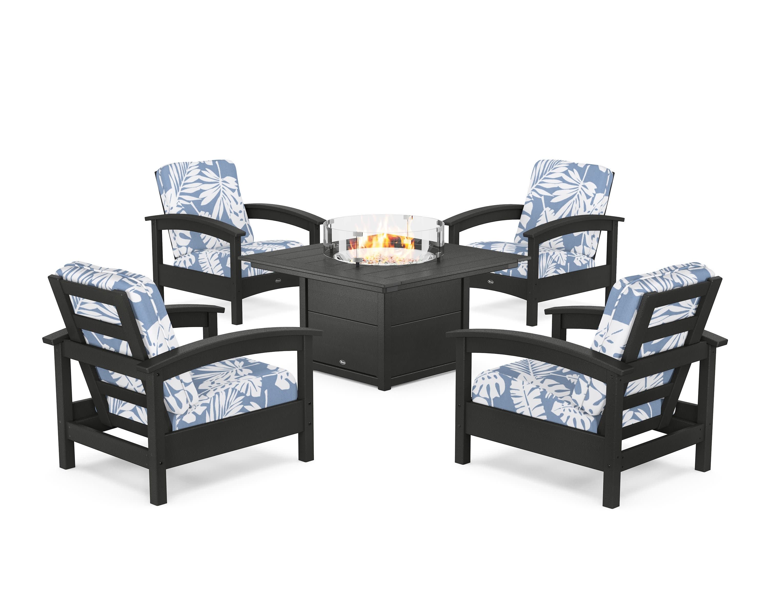 Rockport 5-Piece Deep Seating Set with Square Fire Pit Table in Charcoal Black / Leaf Sky Blue