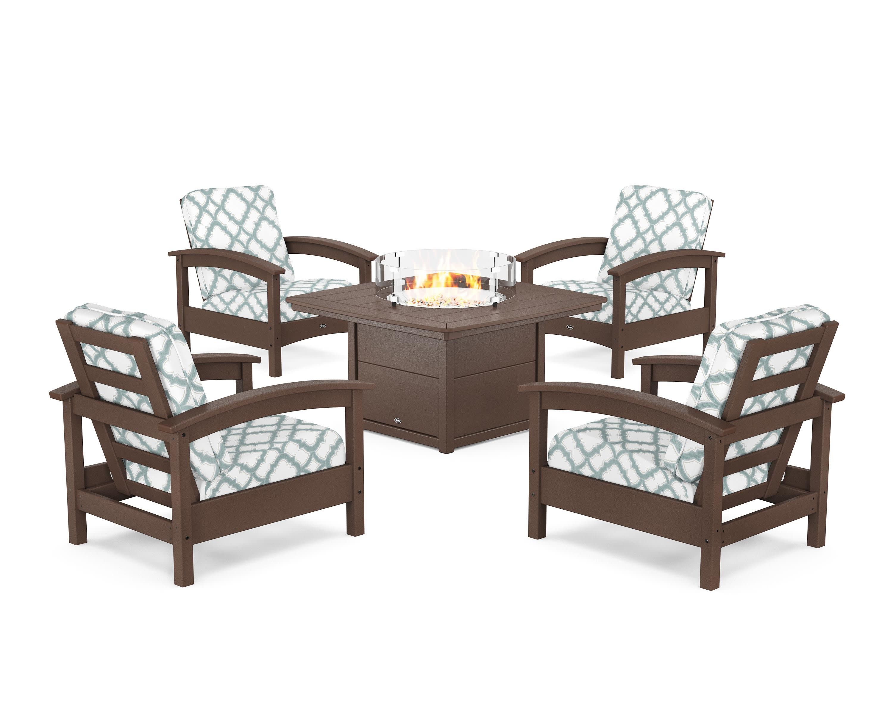 Rockport 5-Piece Deep Seating Set with Yacht Club Fire Pit Table in Vintage Lantern / Trellis Glacier Spa