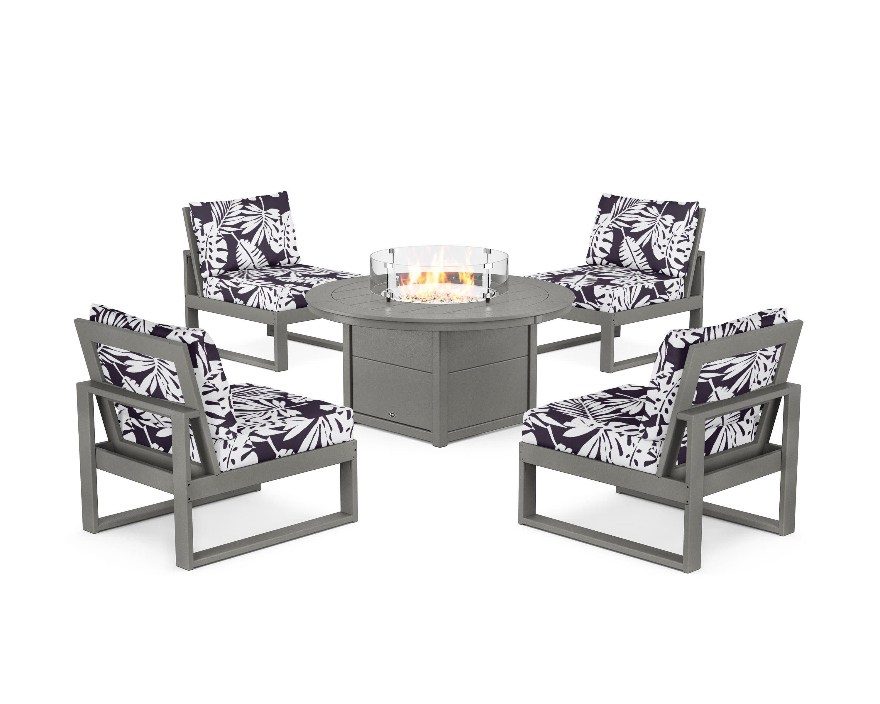 Eastport Modular 5-Piece Deep Seating Set with Round Fire Pit Table in Stepping Stone / Leaf Navy