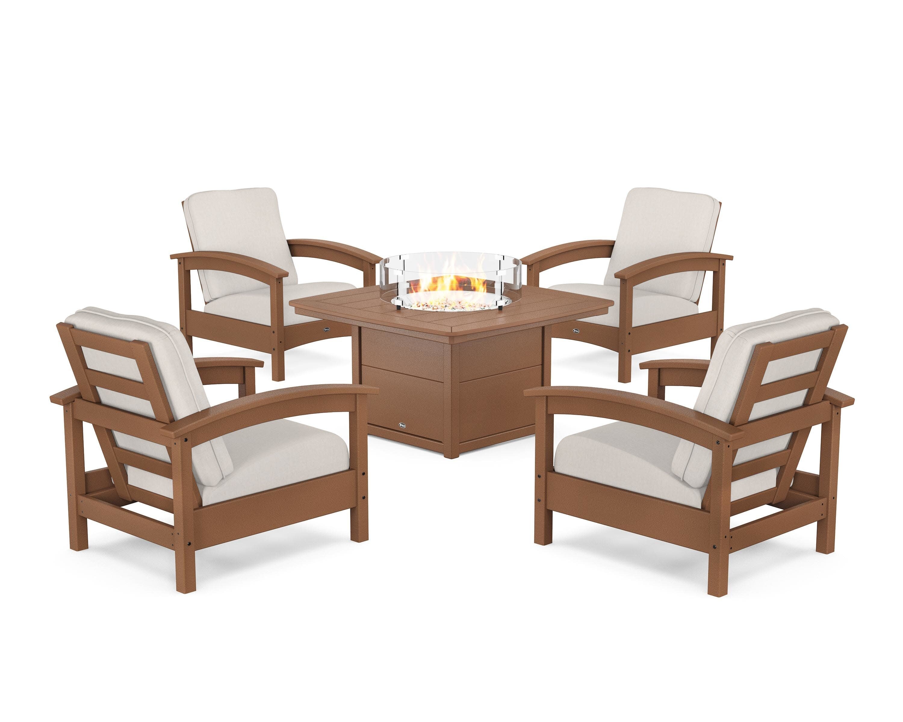 Rockport 5-Piece Deep Seating Set with Yacht Club Fire Pit Table in Tree House / Cast Ash
