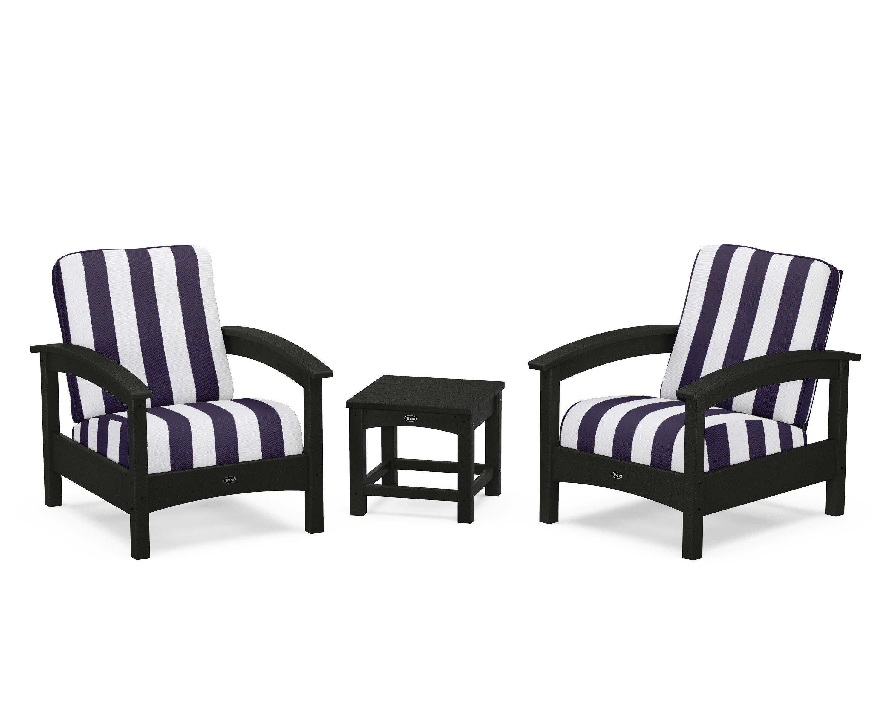 Rockport Club 3-Piece Deep Seating Conversation Set in Charcoal Black / Cabana Stripe Navy