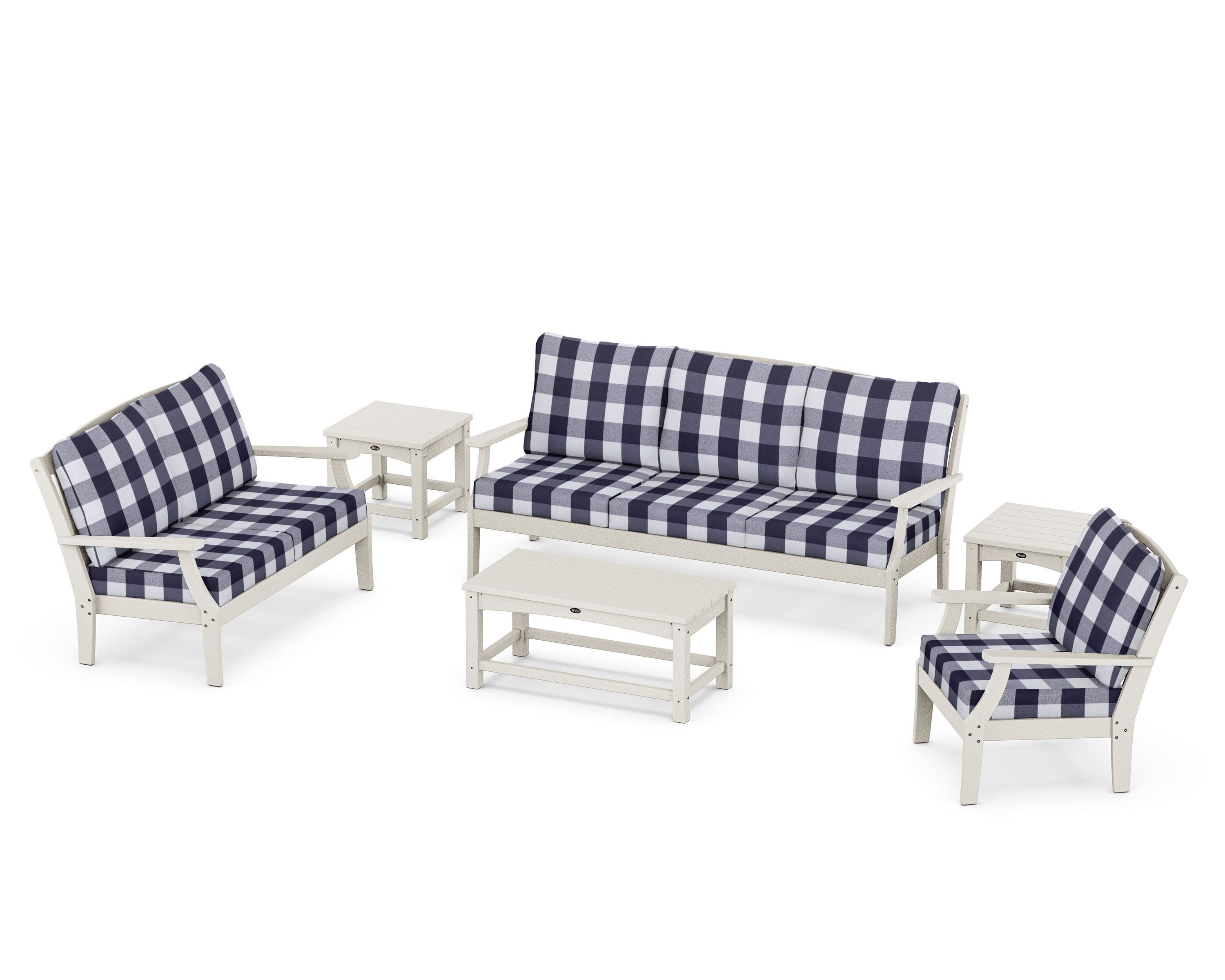Yacht Club 6-Piece Deep Seating Set in Sand Castle / Buffalo Plaid Navy