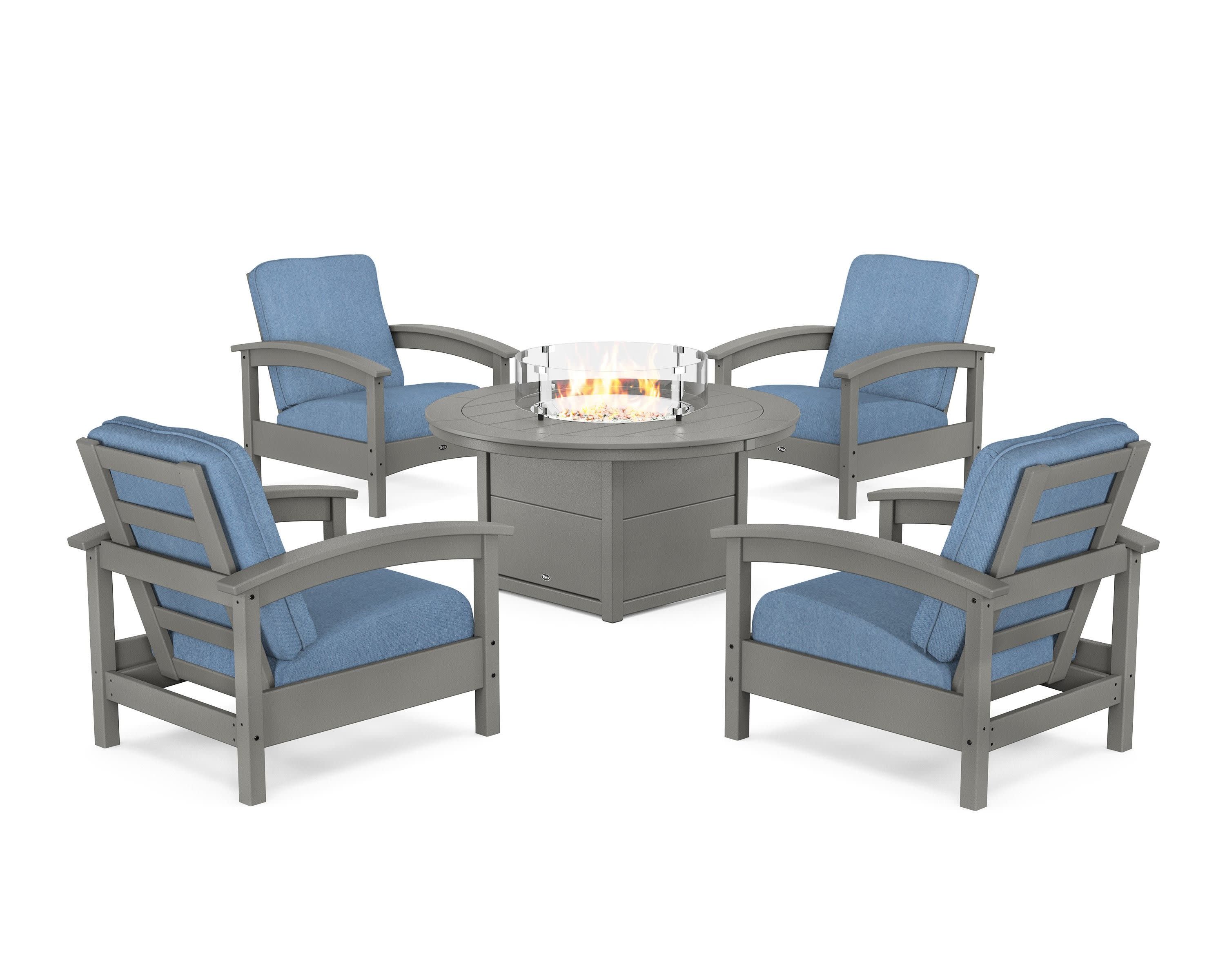 Rockport 5-Piece Deep Seating Set with Round Fire Pit Table in Stepping Stone / Sky Blue