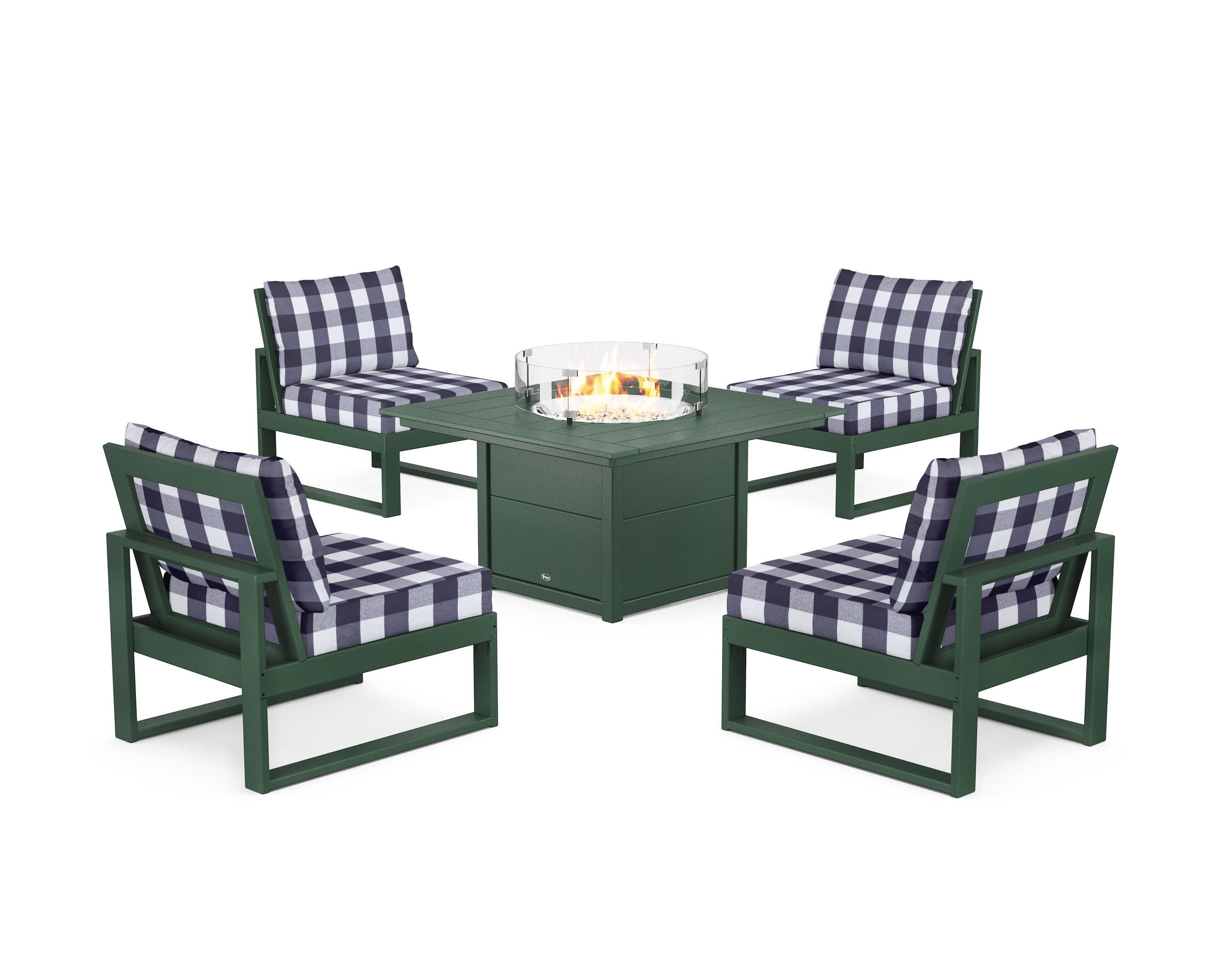 Eastport Modular 5-Piece Deep Seating Set with Square Fire Pit Table in Rainforest Canopy / Buffalo Plaid Navy