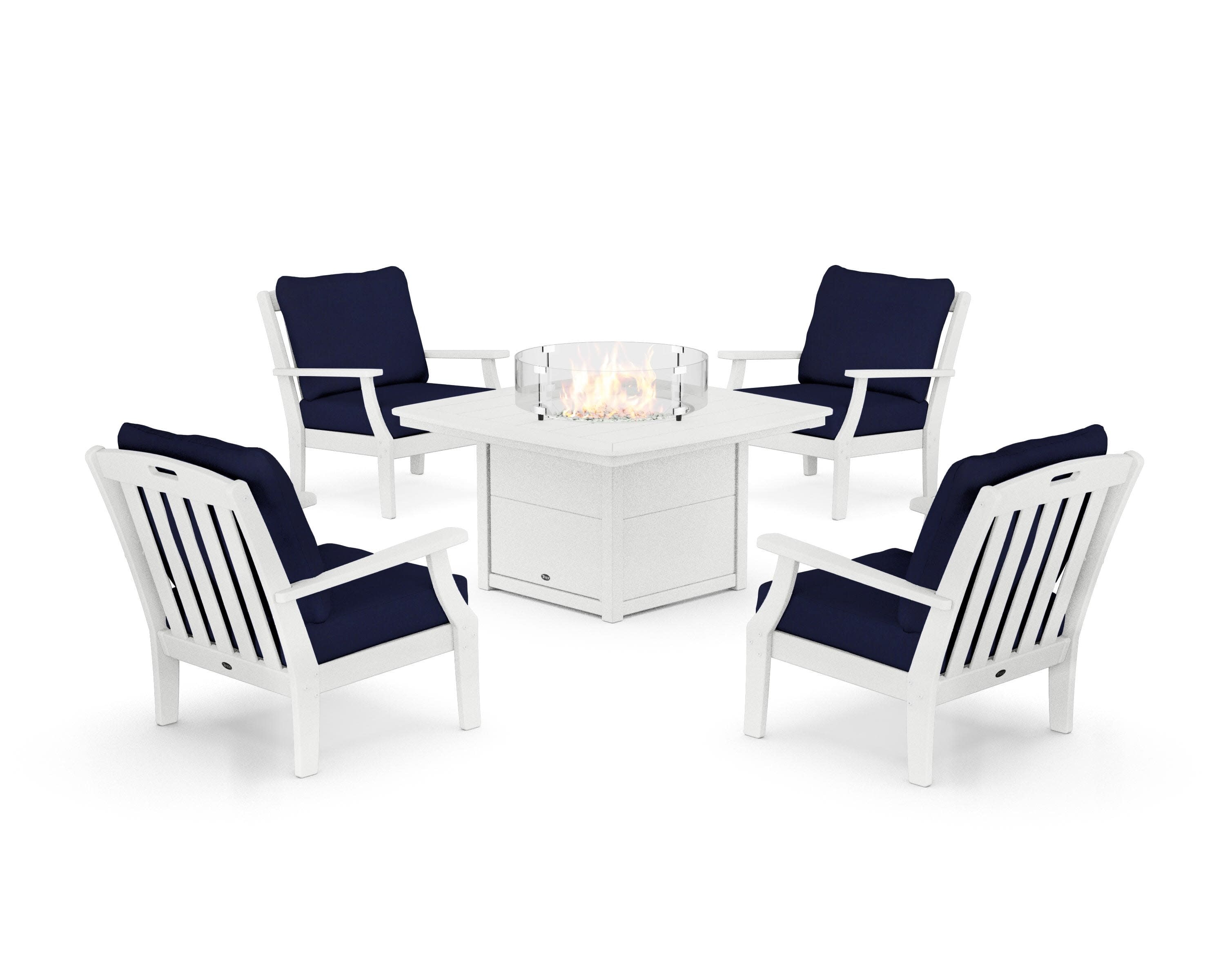 Yacht Club 5-Piece Deep Seating Set with Fire Pit Table in Classic White / Navy