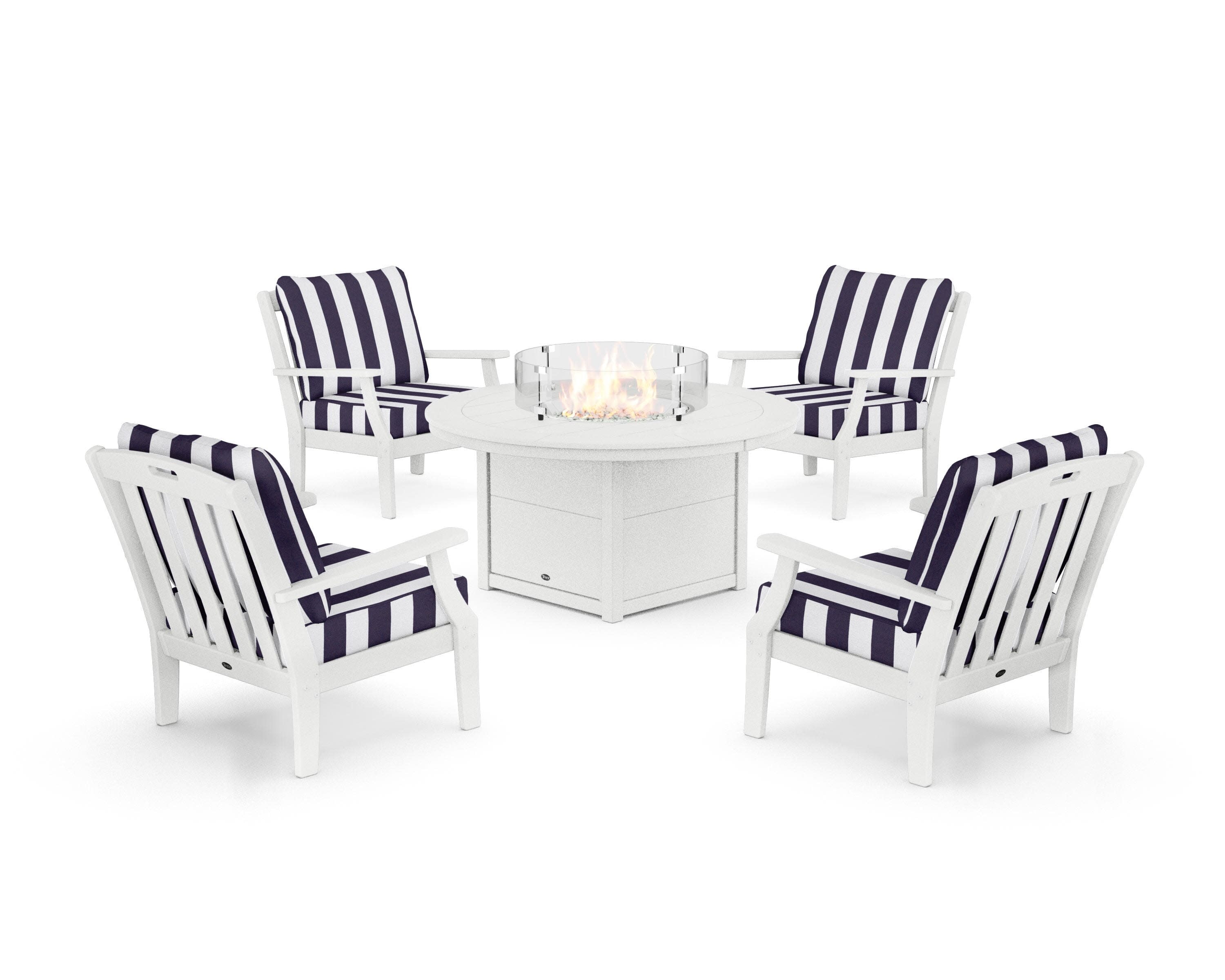 Yacht Club 5-Piece Deep Seating Set with Round Fire Pit Table in Classic White / Cabana Stripe Navy