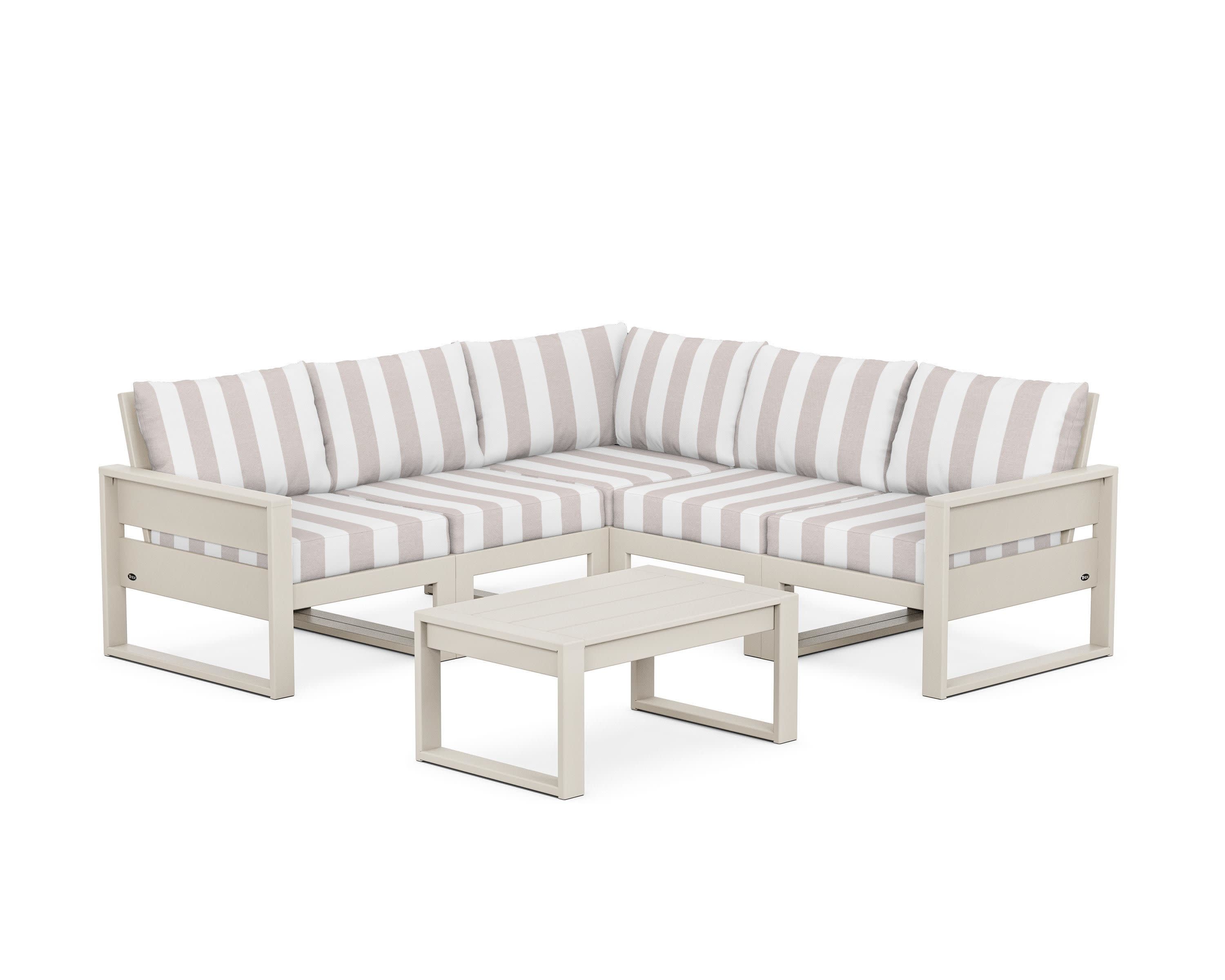 Eastport 6-Piece Deep Seating Sectional + Coffee Table Set in Sand Castle / Cabana Stripe Dune Burlap