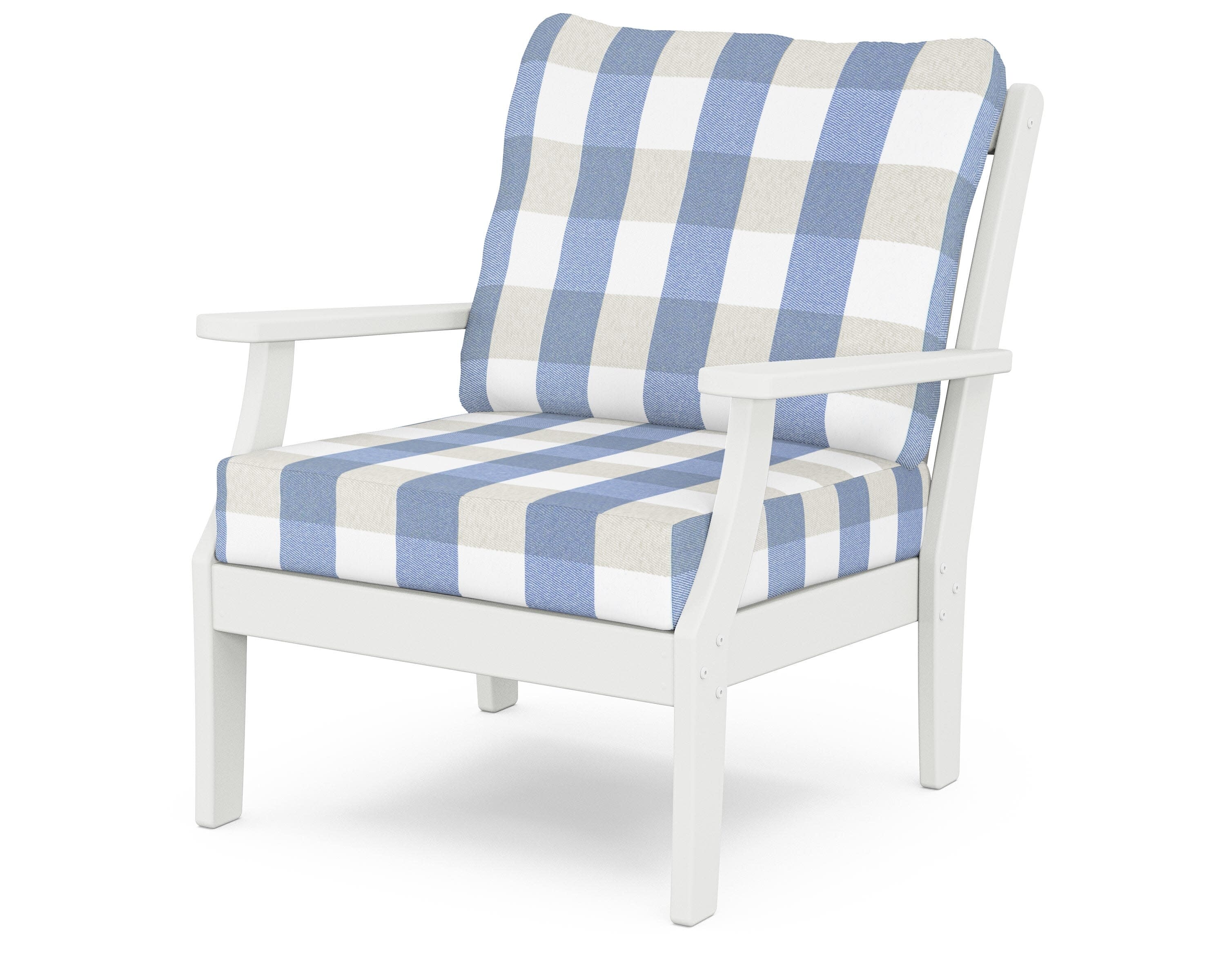 Yacht Club Deep Seating Chair in Classic White / Buffalo Plaid Sky Blue