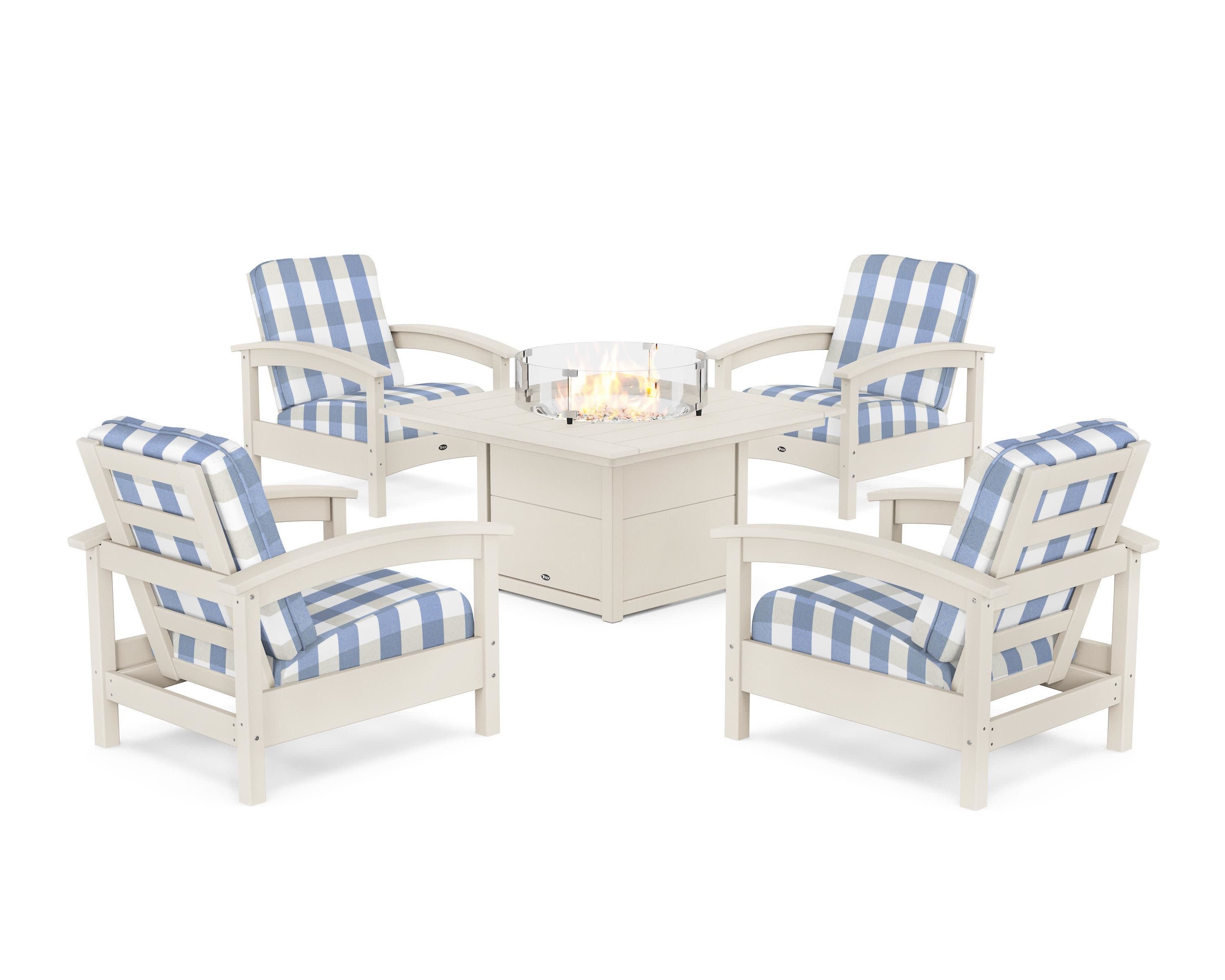 Rockport 5-Piece Deep Seating Set with Square Fire Pit Table in Sand Castle / Buffalo Plaid Sky Blue