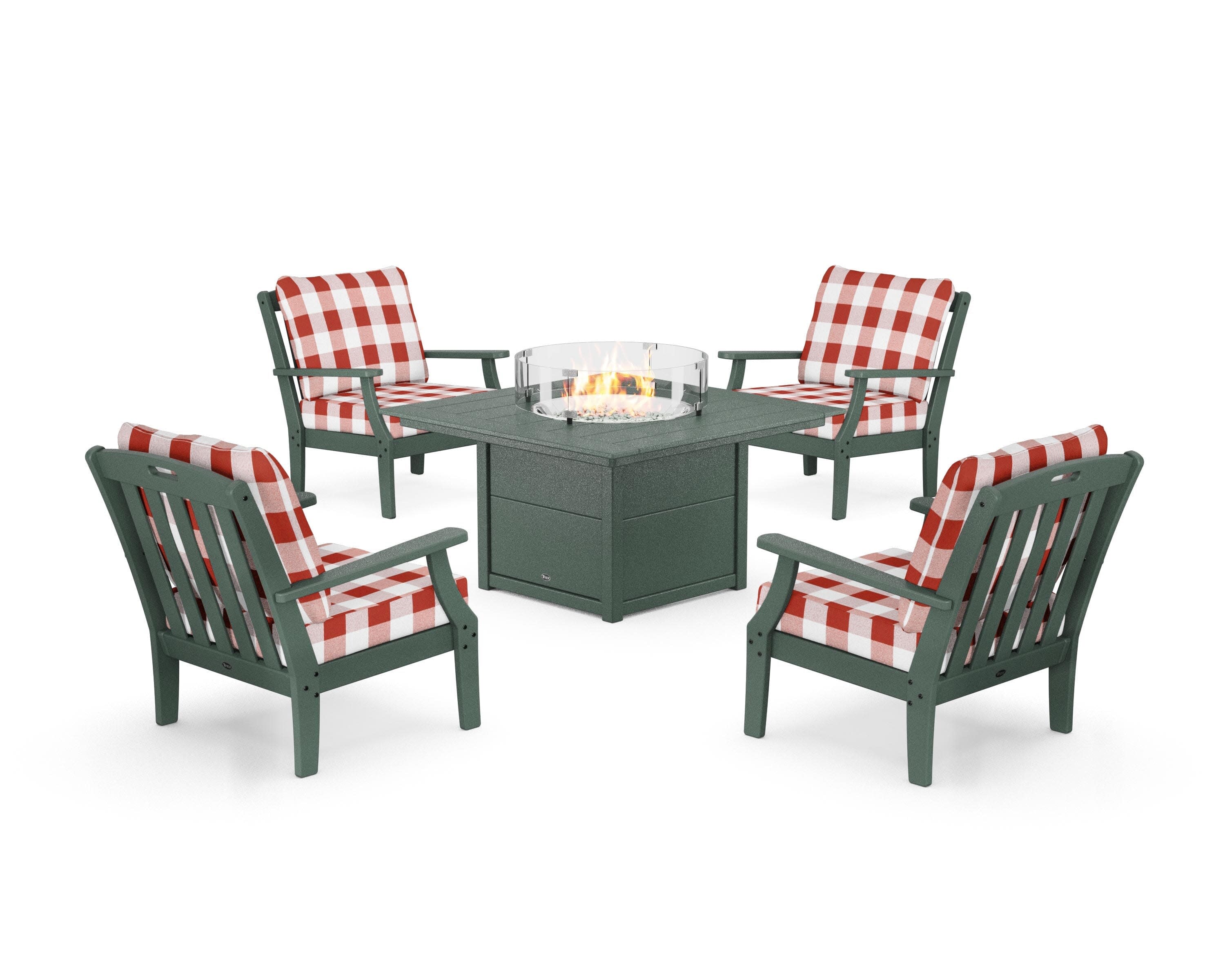 Yacht Club 5-Piece Deep Seating Set with Square Fire Pit Table in Rainforest Canopy / Buffalo Plaid Crimson