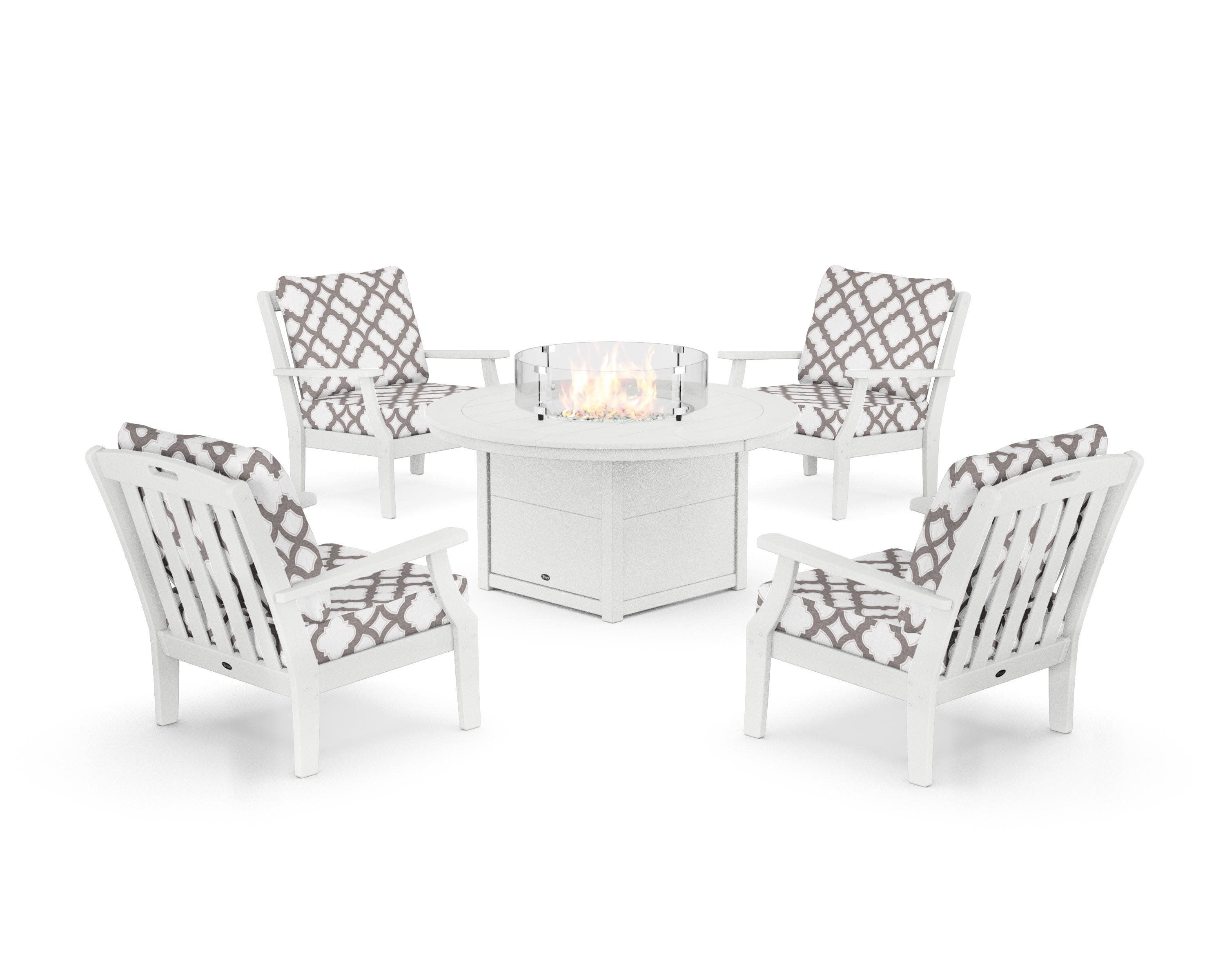 Yacht Club 5-Piece Deep Seating Set with Round Fire Pit Table in Classic White / Trellis Grey Mist