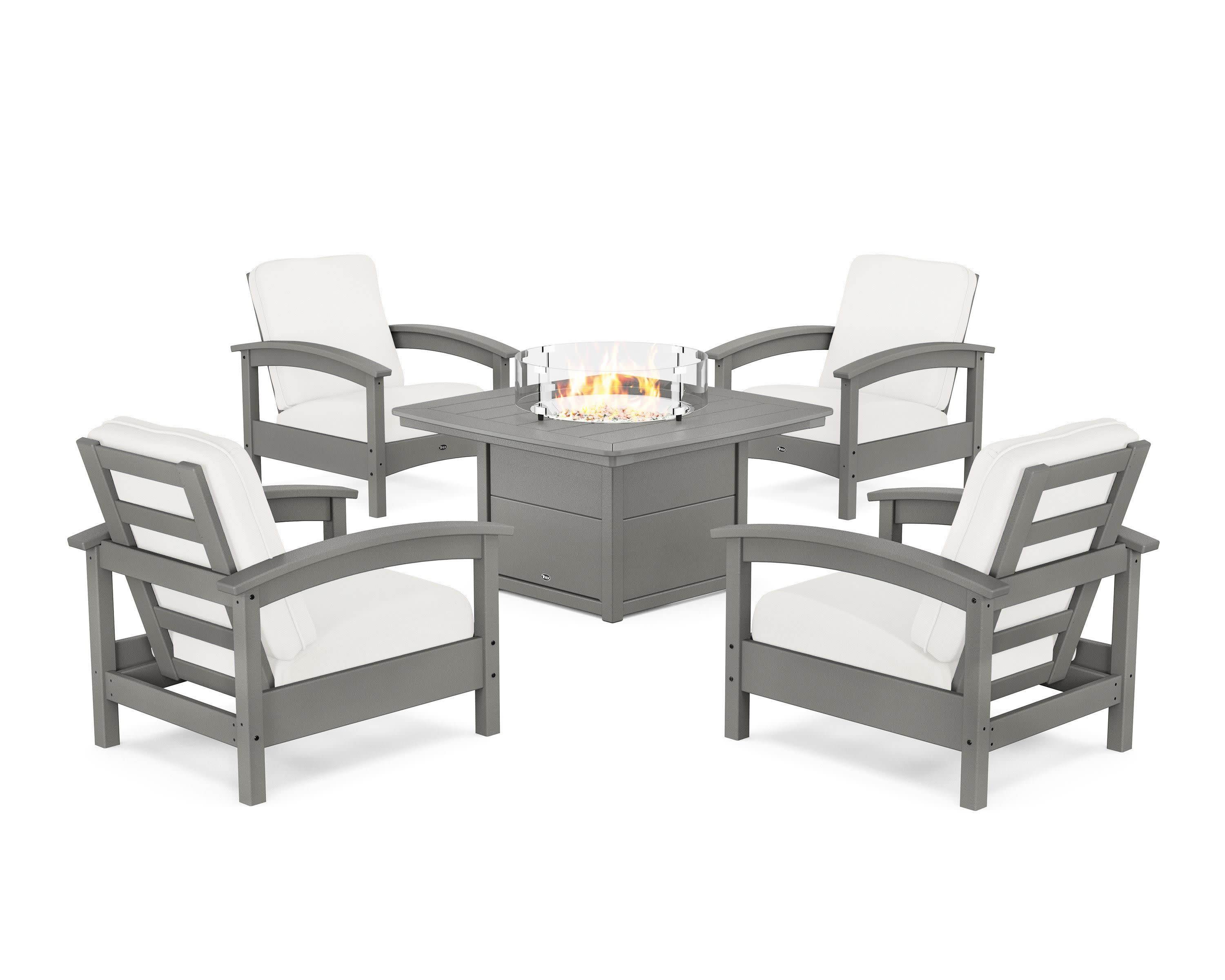 Rockport 5-Piece Deep Seating Set with Yacht Club Fire Pit Table in Stepping Stone / Natural Linen