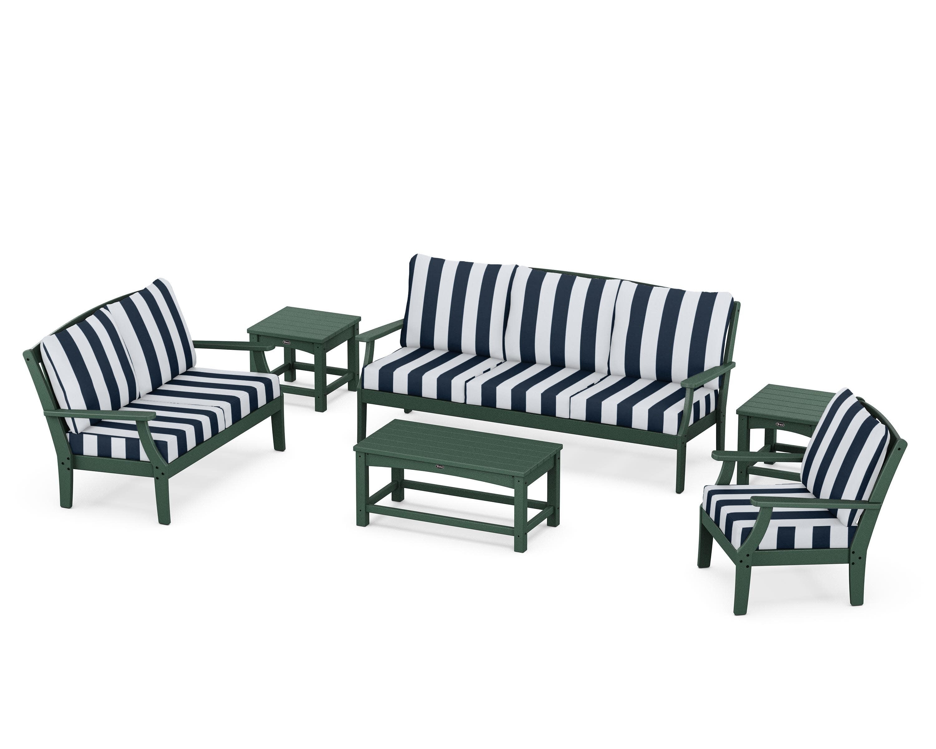 Yacht Club 6-Piece Deep Seating Set in Rainforest Canopy / Cabana Stripe Marine Indigo
