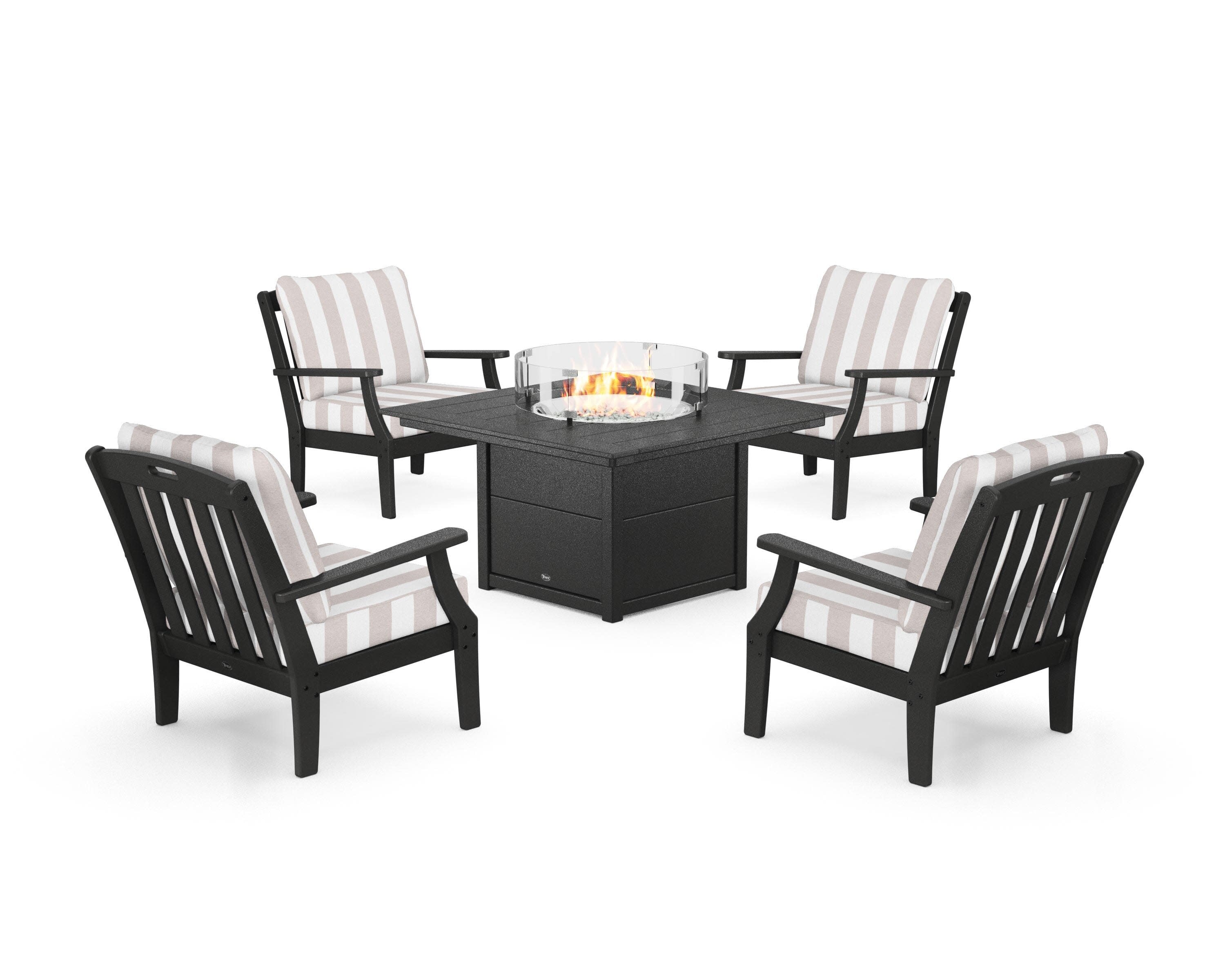 Yacht Club 5-Piece Deep Seating Set with Square Fire Pit Table in Charcoal Black / Cabana Stripe Dune Burlap