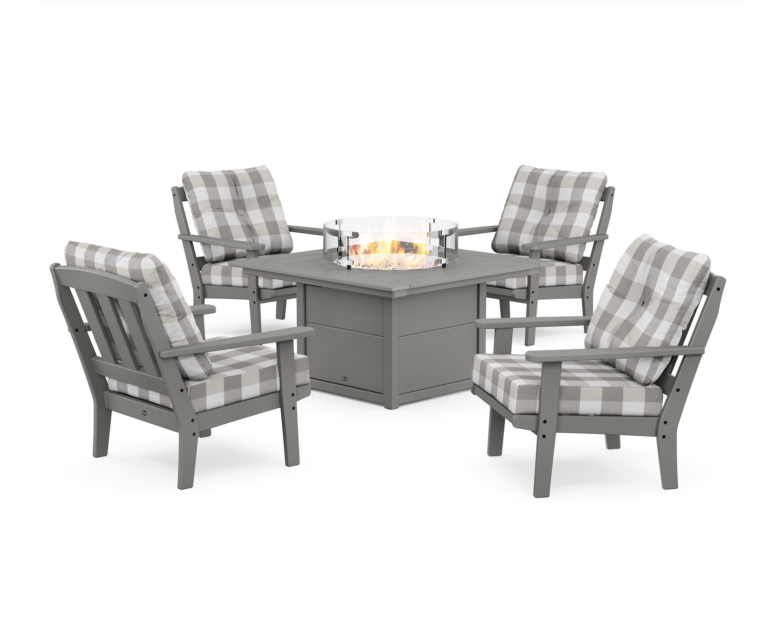 Cape Cod 5-Piece Deep Seating Set with Fire Pit Table in Stepping Stone / Buffalo Plaid Grey Mist