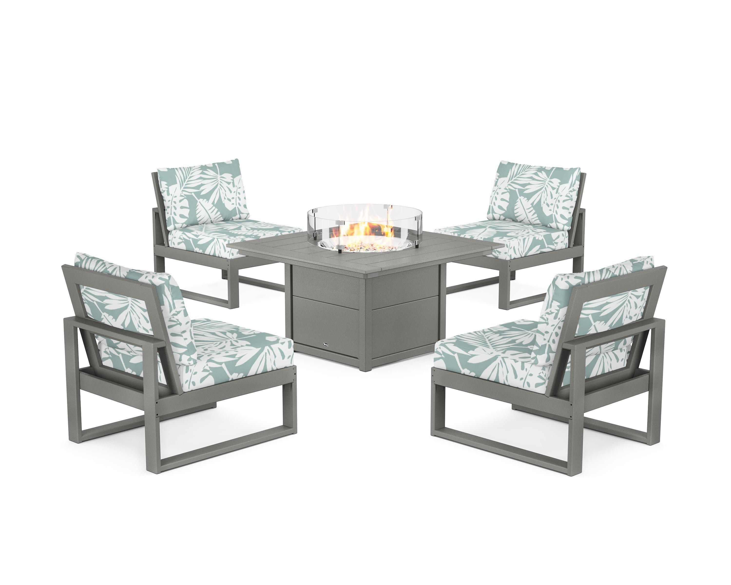 Eastport Modular 5-Piece Deep Seating Set with Square Fire Pit Table in Stepping Stone / Leaf Glacier Spa