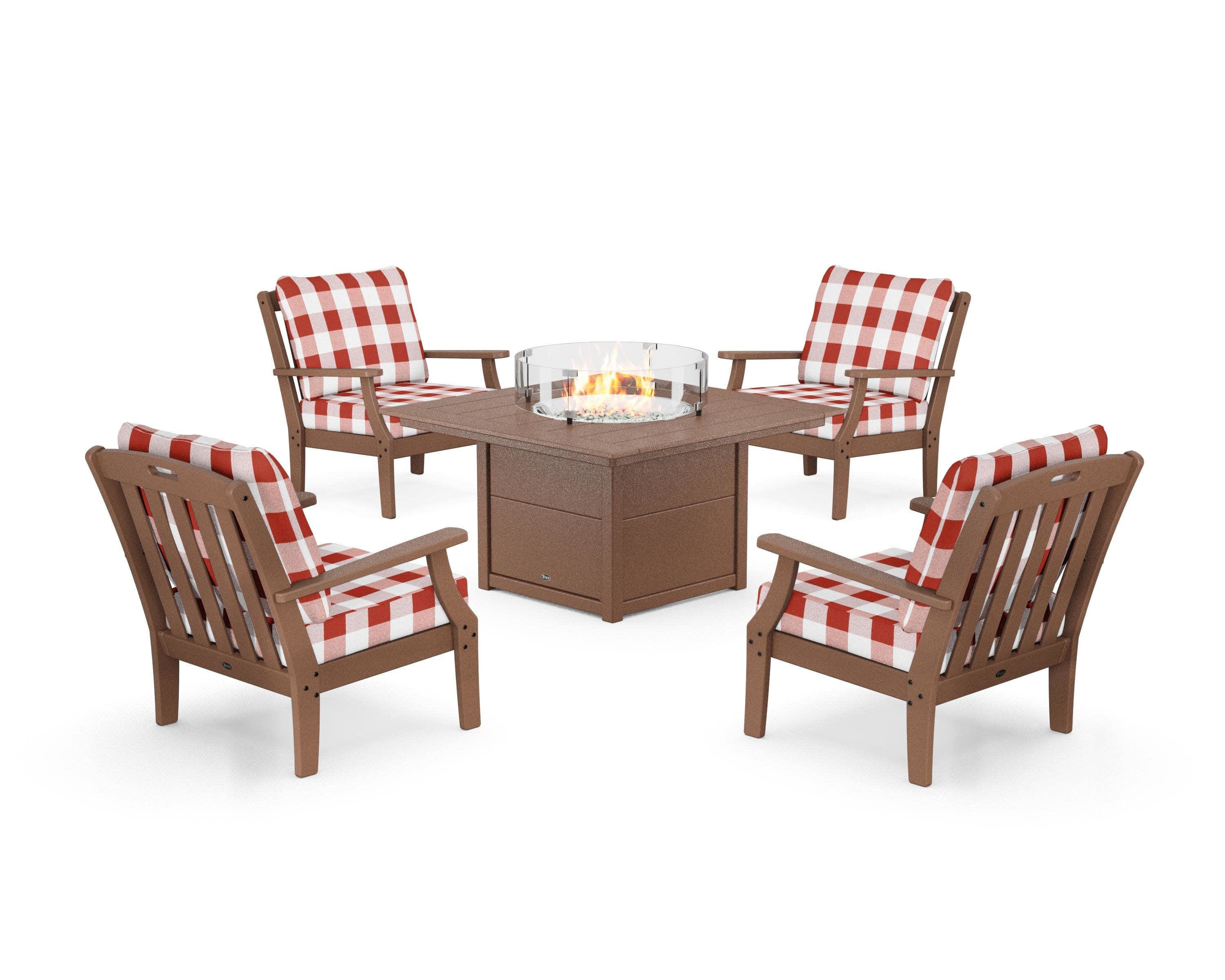 Yacht Club 5-Piece Deep Seating Set with Square Fire Pit Table in Tree House / Buffalo Plaid Crimson