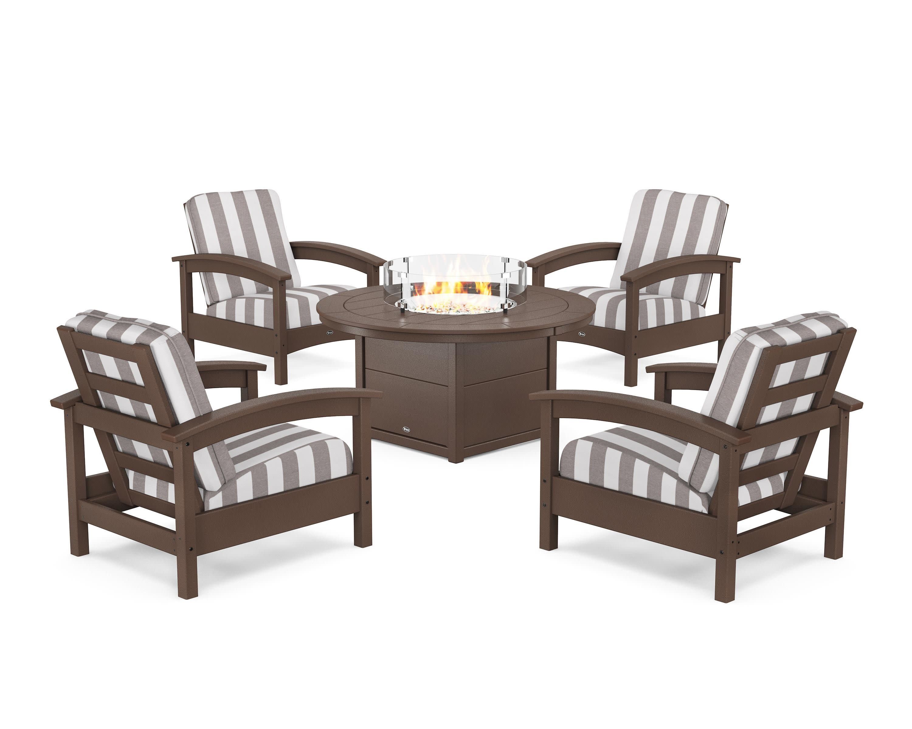 Rockport 5-Piece Deep Seating Set with Round Fire Pit Table in Vintage Lantern / Cabana Stripe Grey Mist