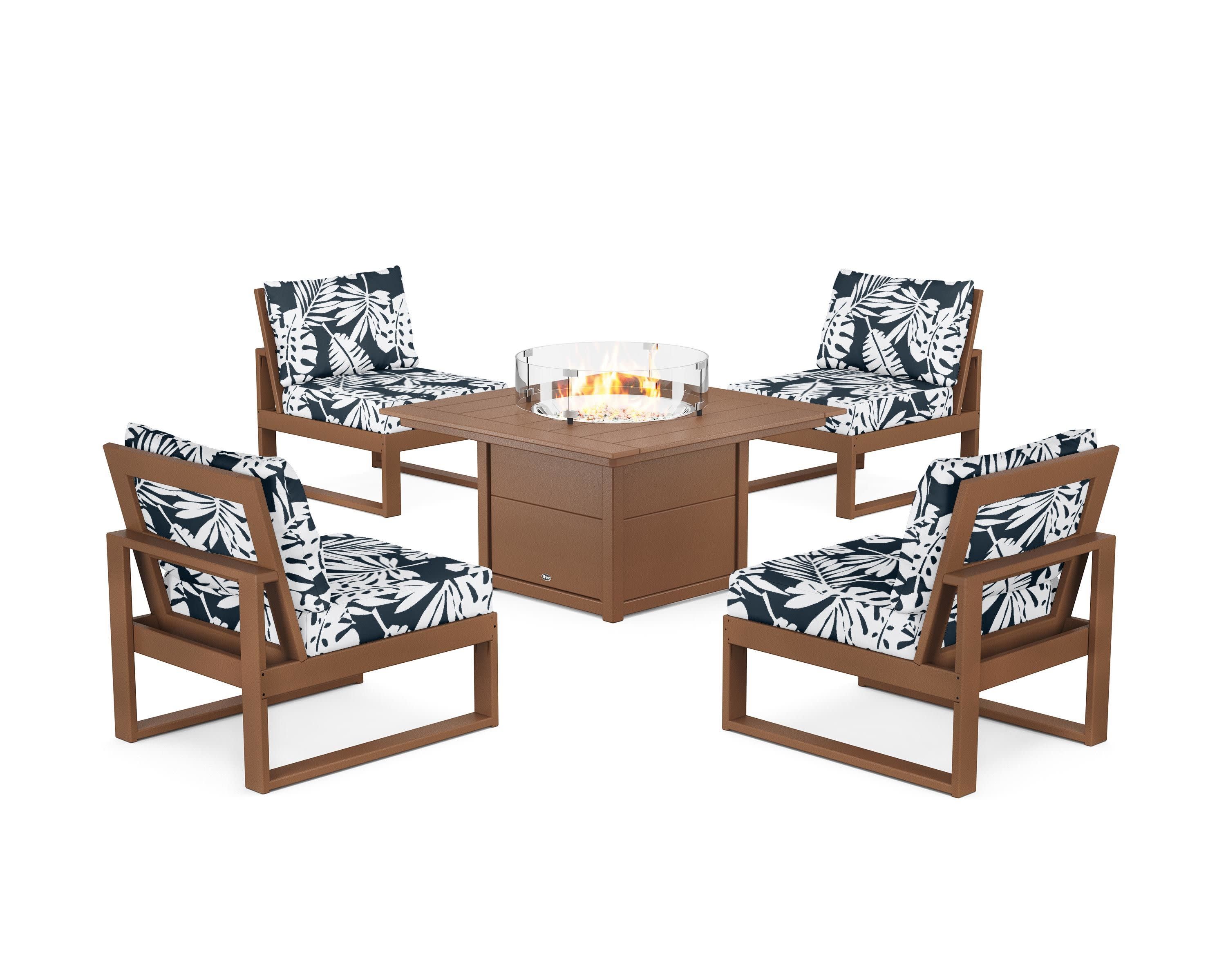Eastport Modular 5-Piece Deep Seating Set with Square Fire Pit Table in Tree House / Leaf Marine Indigo
