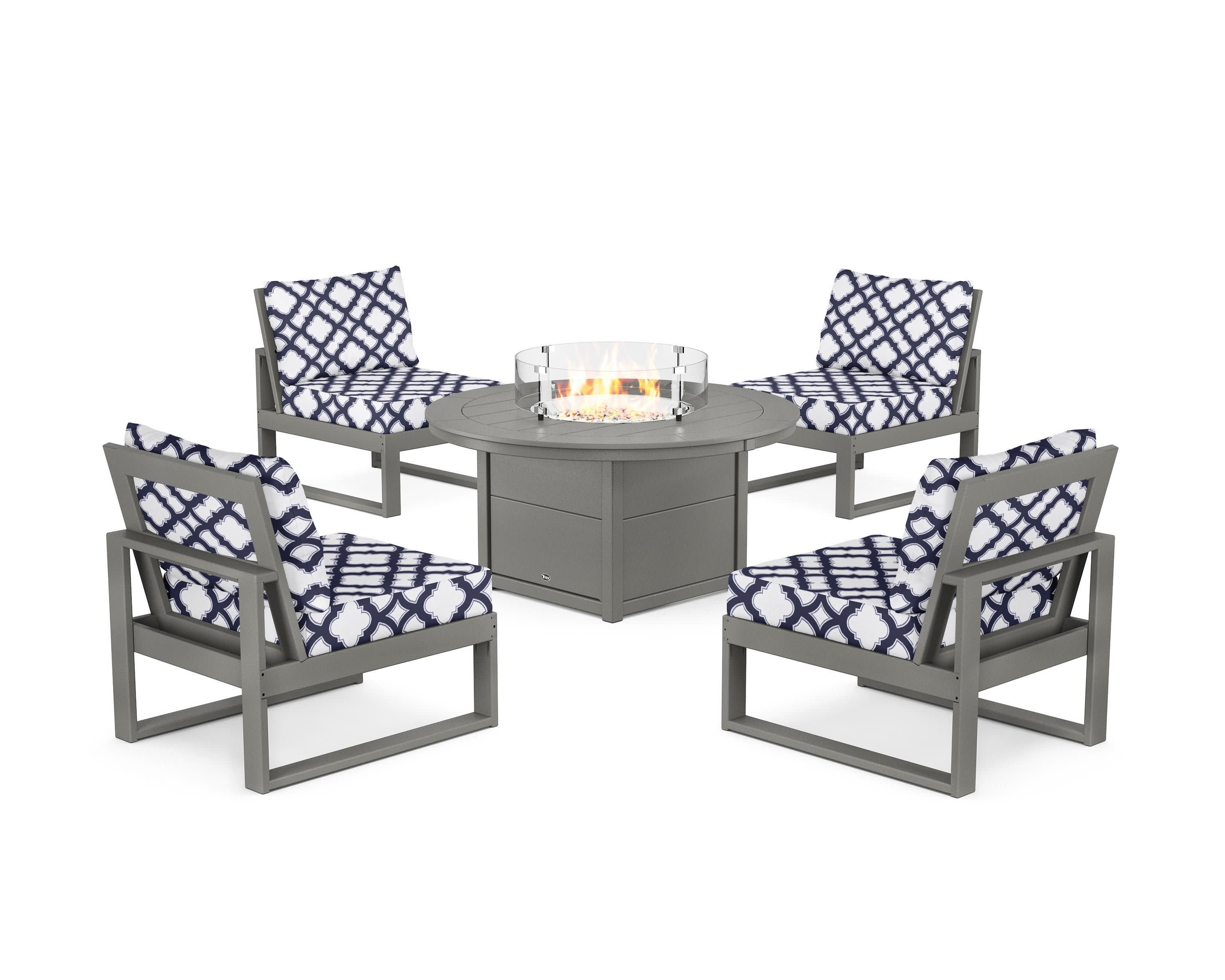 Eastport Modular 5-Piece Deep Seating Set with Round Fire Pit Table in Stepping Stone / Trellis Navy
