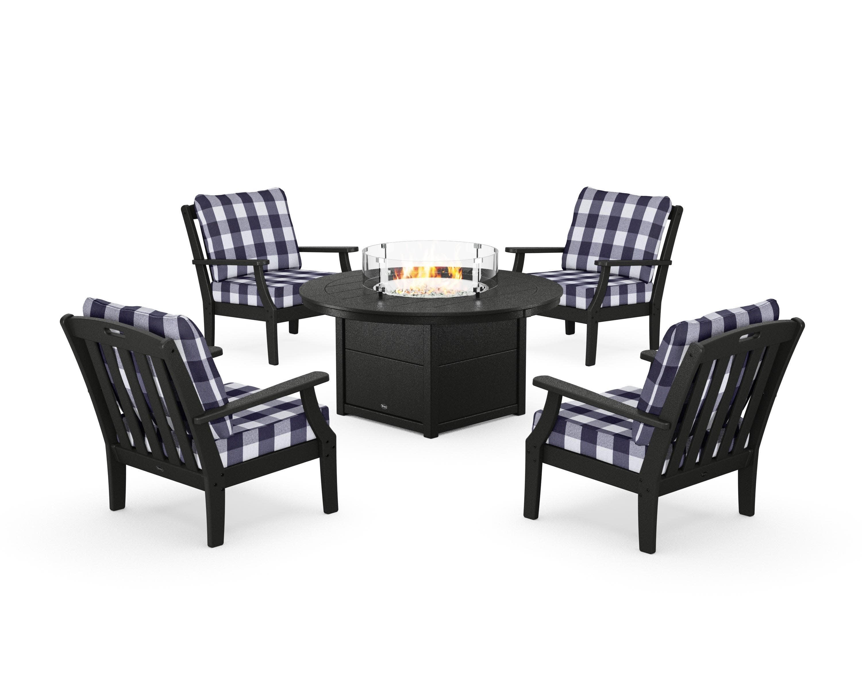 Yacht Club 5-Piece Deep Seating Set with Round Fire Pit Table in Charcoal Black / Buffalo Plaid Navy