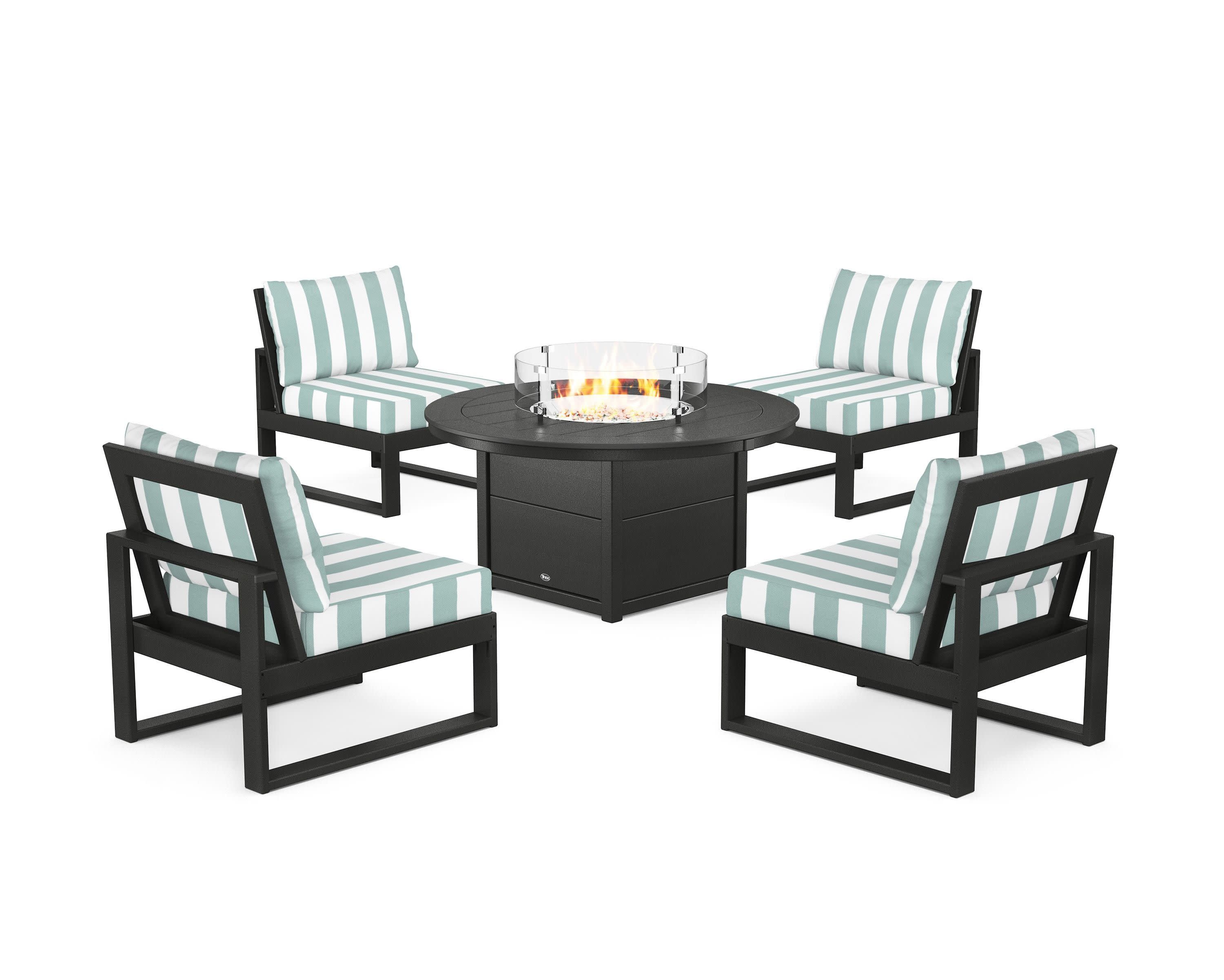 Eastport Modular 5-Piece Deep Seating Set with Round Fire Pit Table in Charcoal Black / Cabana Stripe Glacier Spa
