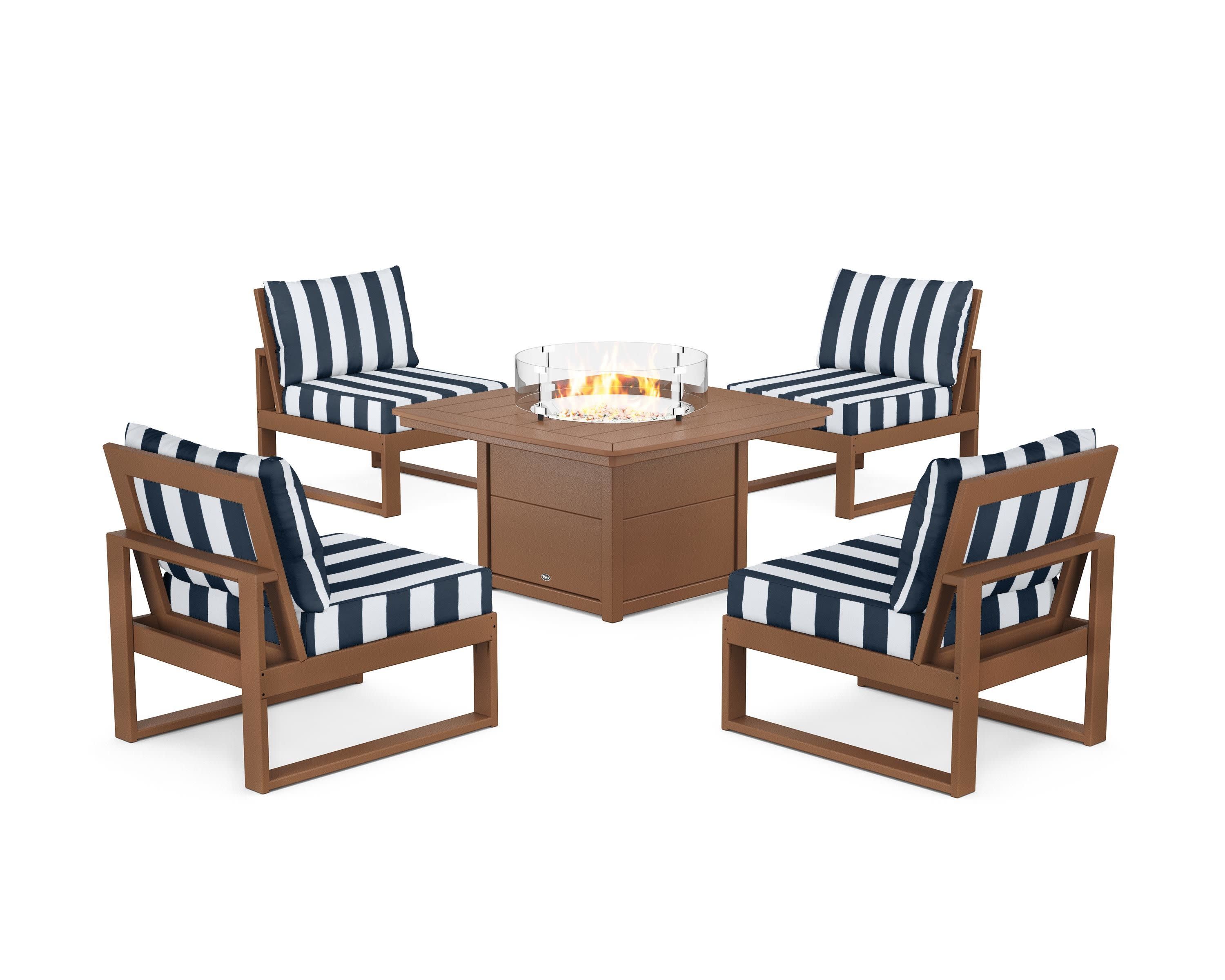 Eastport Modular 5-Piece Deep Seating Set with Yacht Club Fire Pit Table in Tree House / Cabana Stripe Marine Indigo