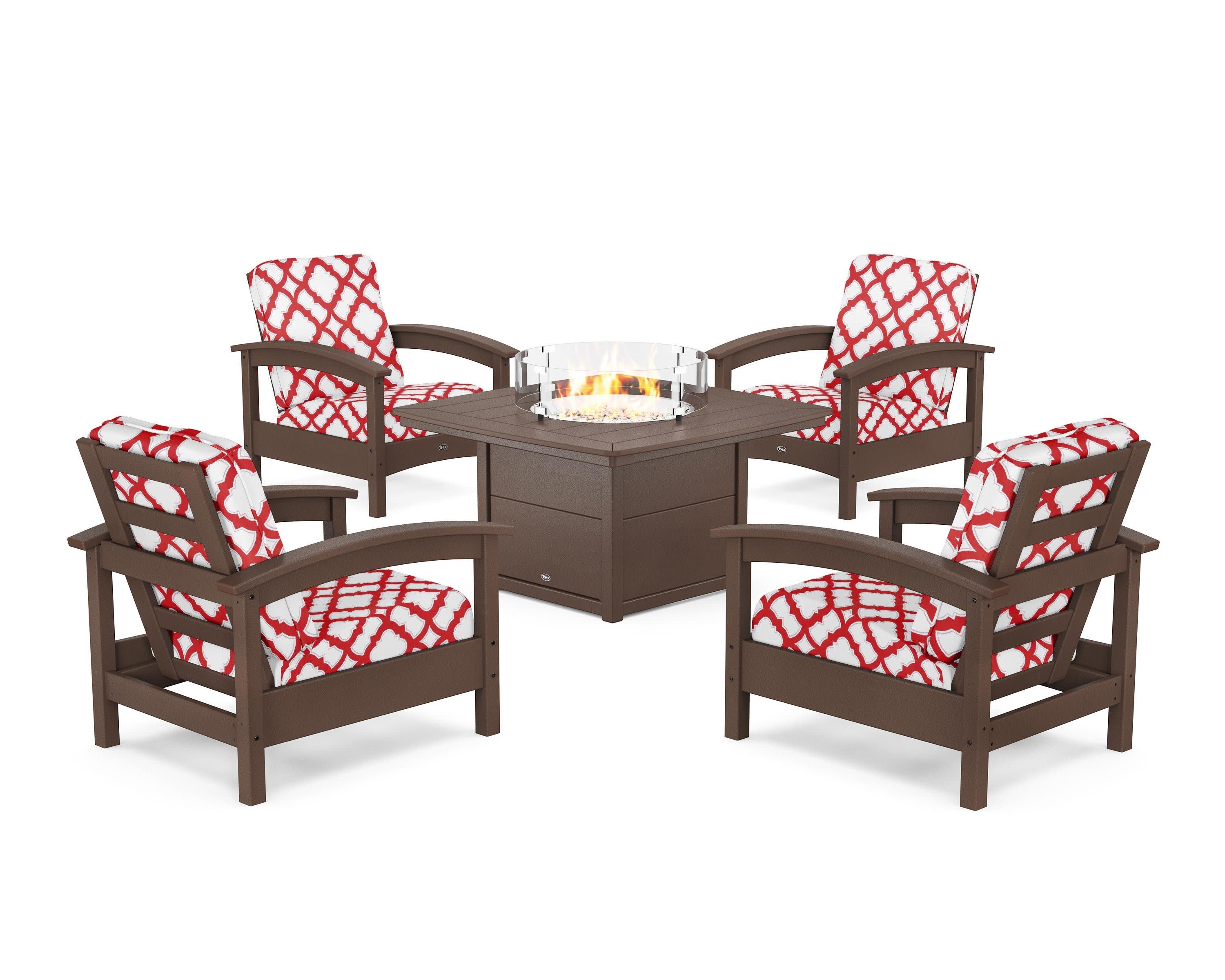 Rockport 5-Piece Deep Seating Set with Yacht Club Fire Pit Table in Vintage Lantern / Trellis Crimson
