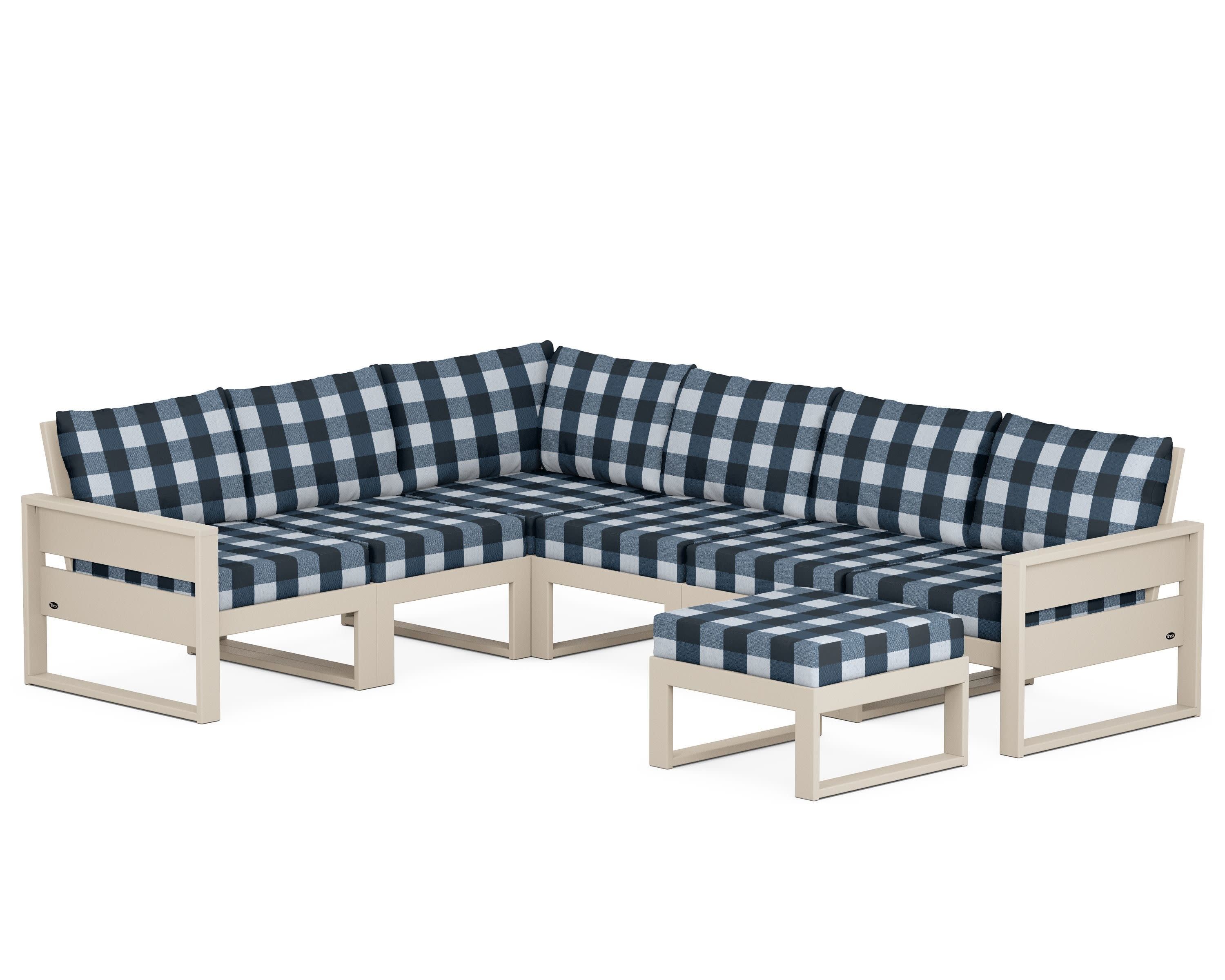 Eastport 6-Piece Sectional with Ottoman in Sand Castle / Buffalo Plaid Marine Indigo