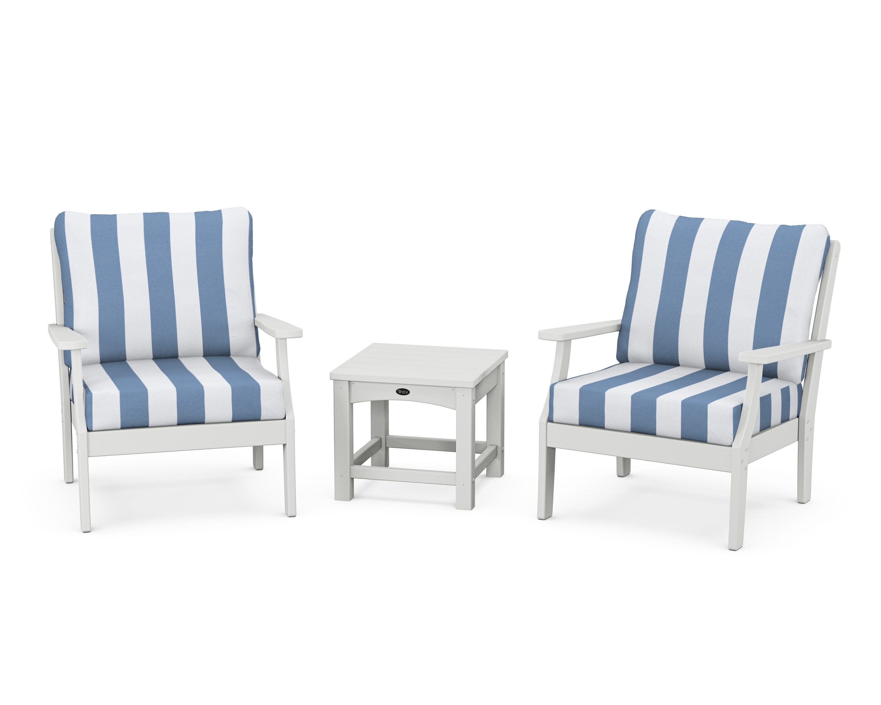 Yacht Club 3-Piece Deep Seating Set in Classic White / Cabana Stripe Sky Blue