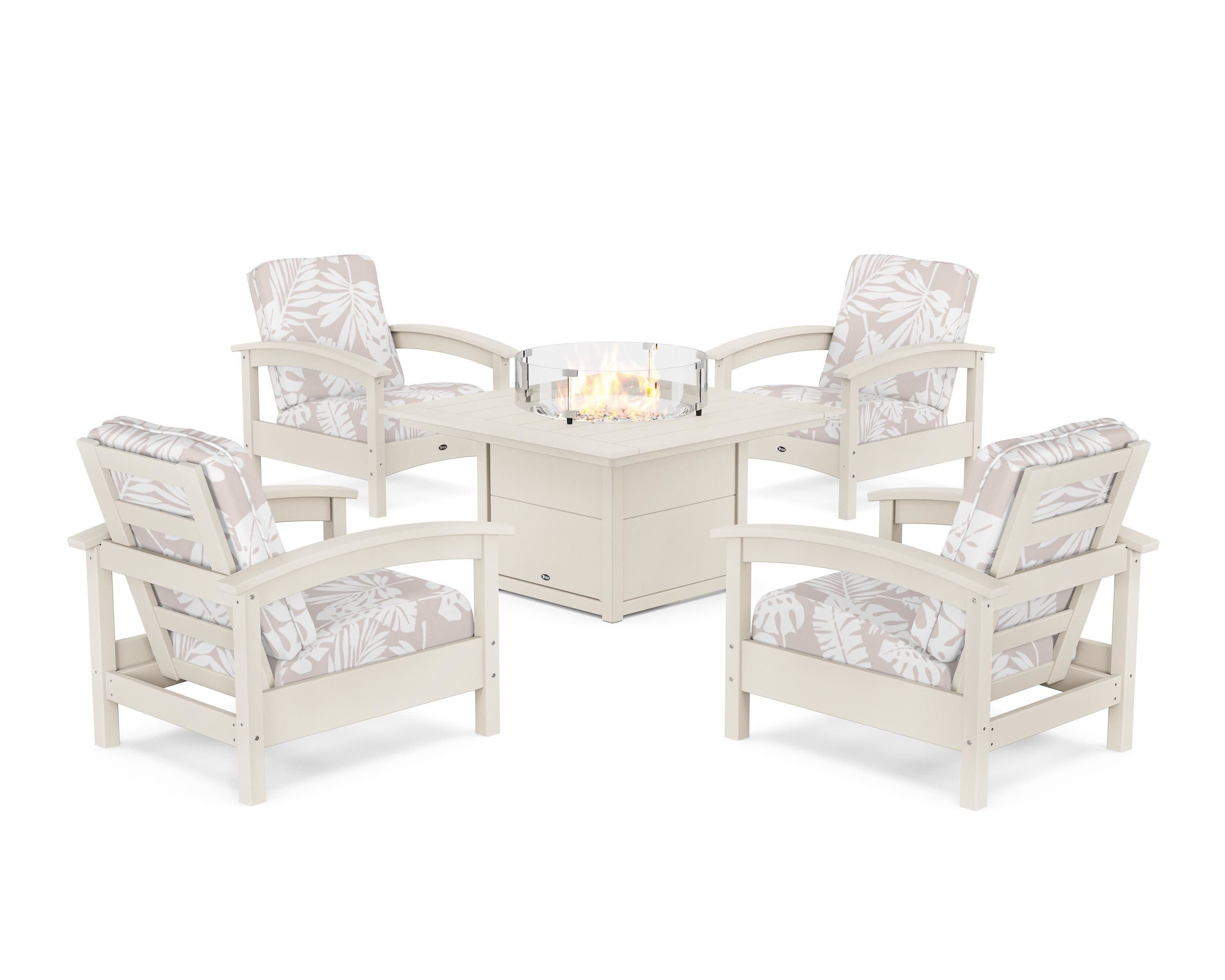 Rockport 5-Piece Deep Seating Set with Square Fire Pit Table in Sand Castle / Leaf Dune Burlap