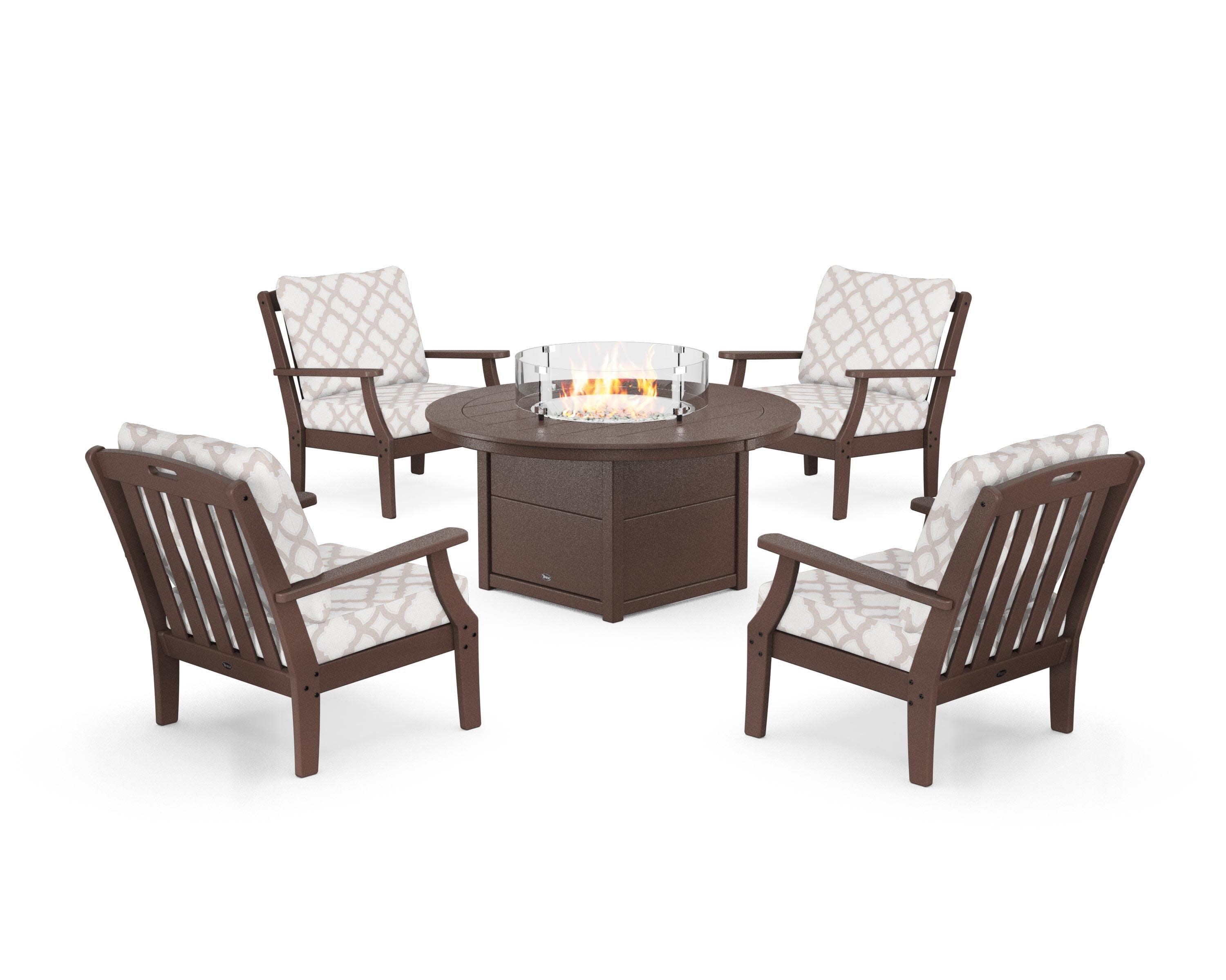 Yacht Club 5-Piece Deep Seating Set with Round Fire Pit Table in Vintage Lantern / Trellis Dune Burlap