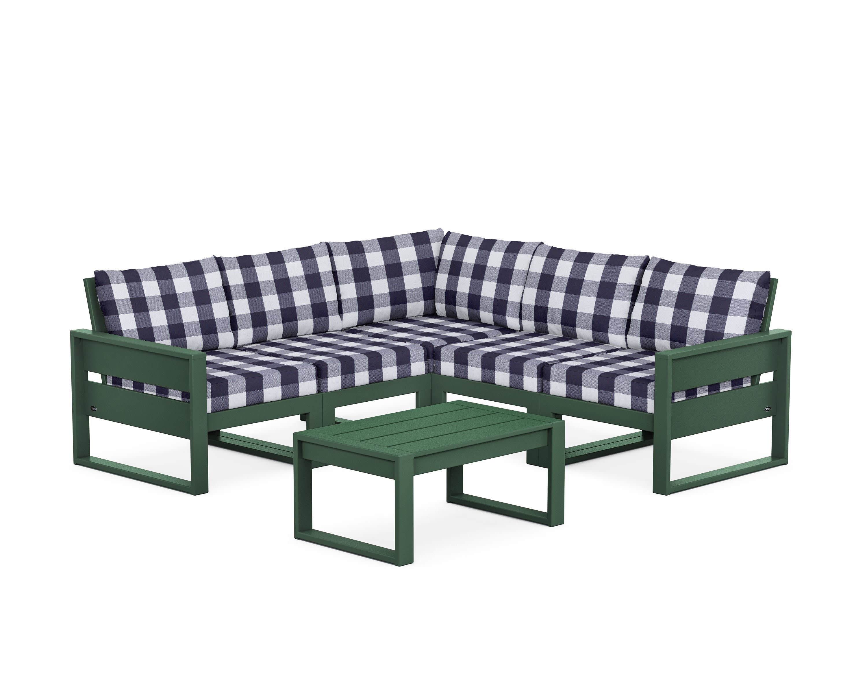 Eastport 6-Piece Deep Seating Sectional + Coffee Table Set in Rainforest Canopy / Buffalo Plaid Navy