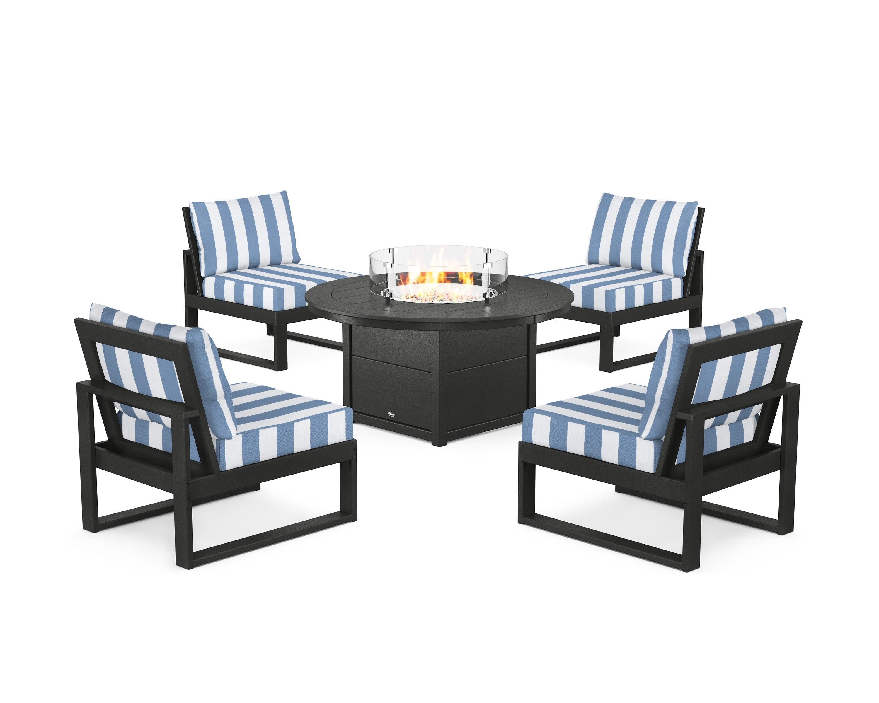 Eastport Modular 5-Piece Deep Seating Set with Round Fire Pit Table in Charcoal Black / Cabana Stripe Sky Blue