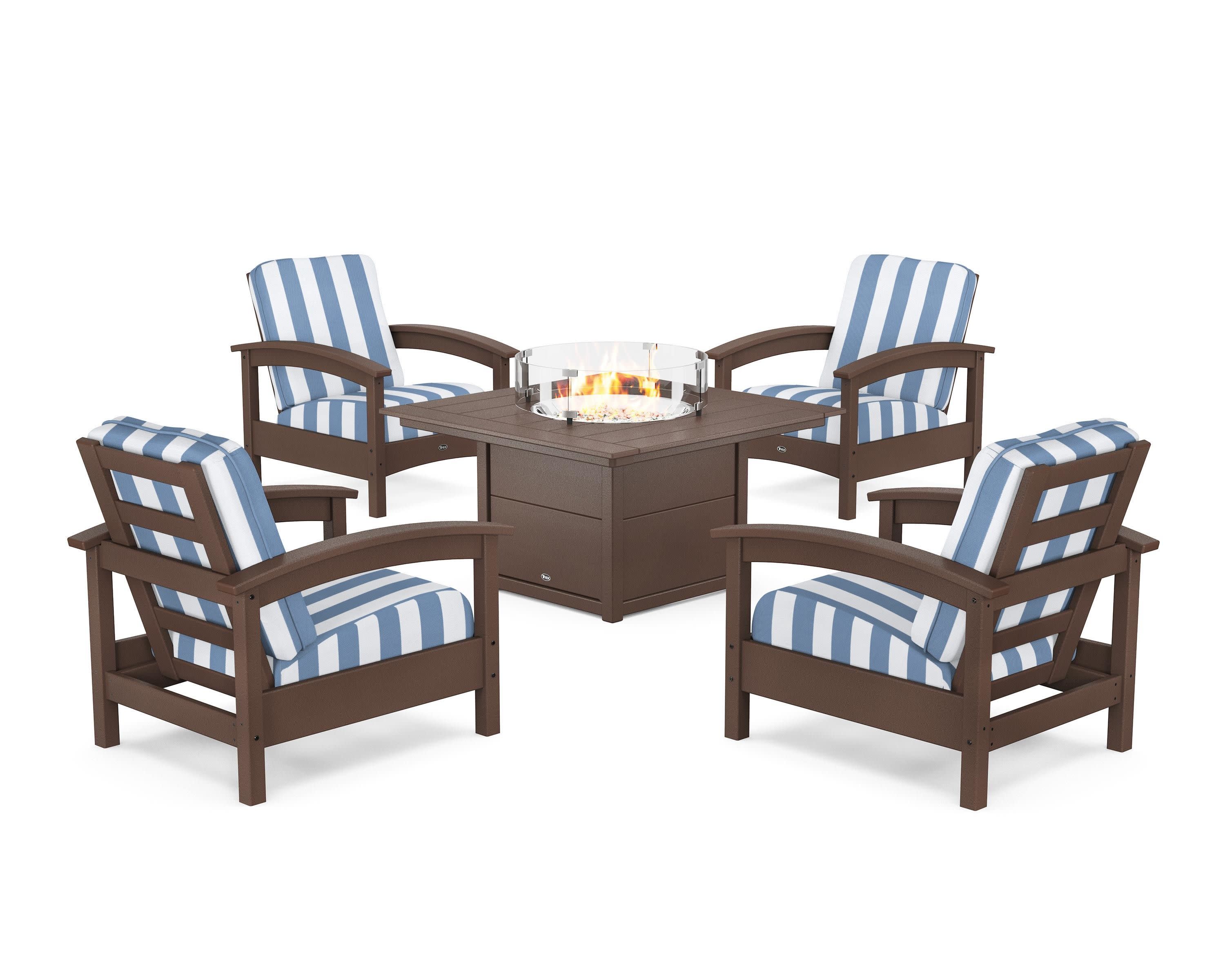 Rockport 5-Piece Deep Seating Set with Square Fire Pit Table in Vintage Lantern / Cabana Stripe Sky Blue