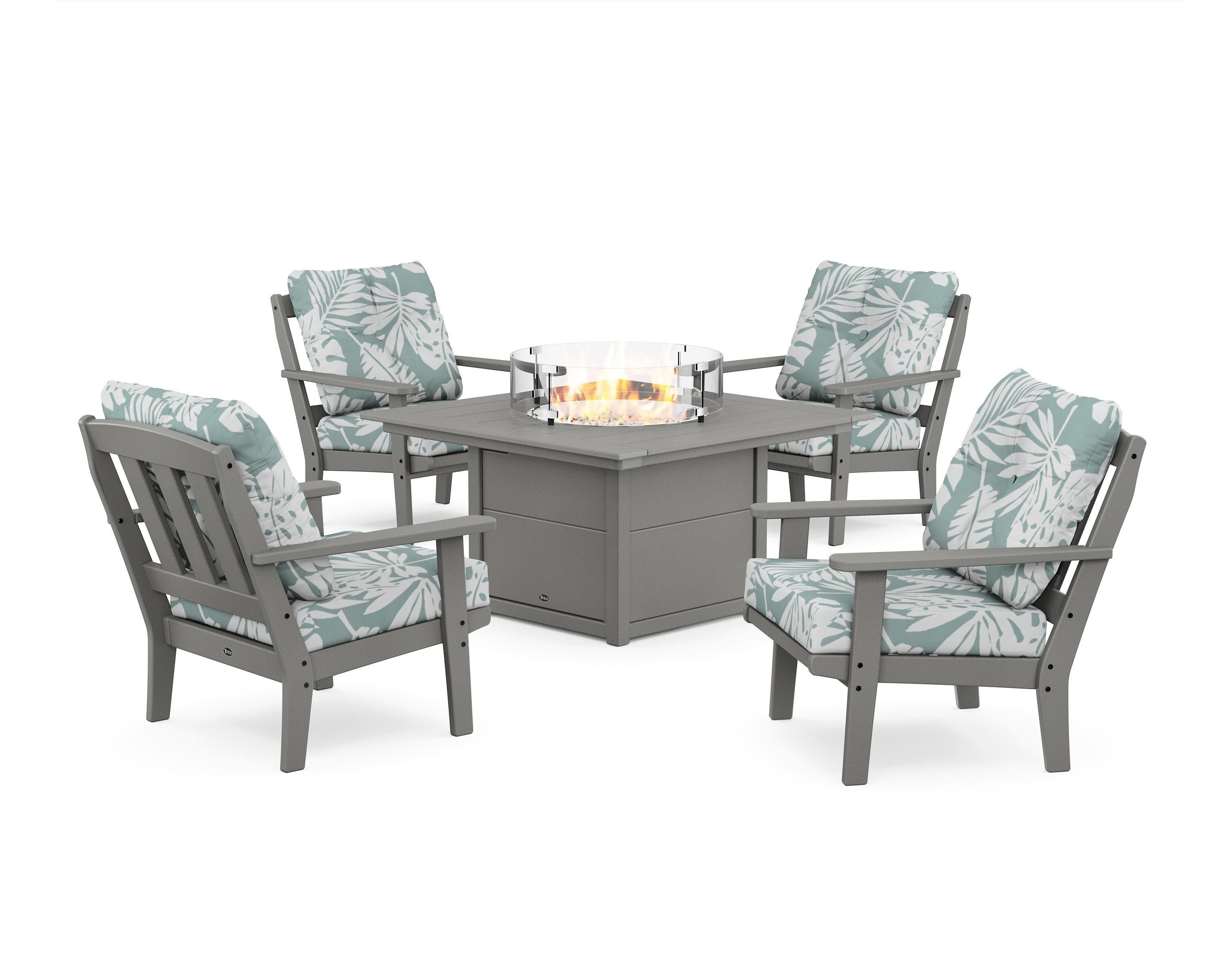 Cape Cod 5-Piece Deep Seating Set with Fire Pit Table in Stepping Stone / Leaf Glacier Spa