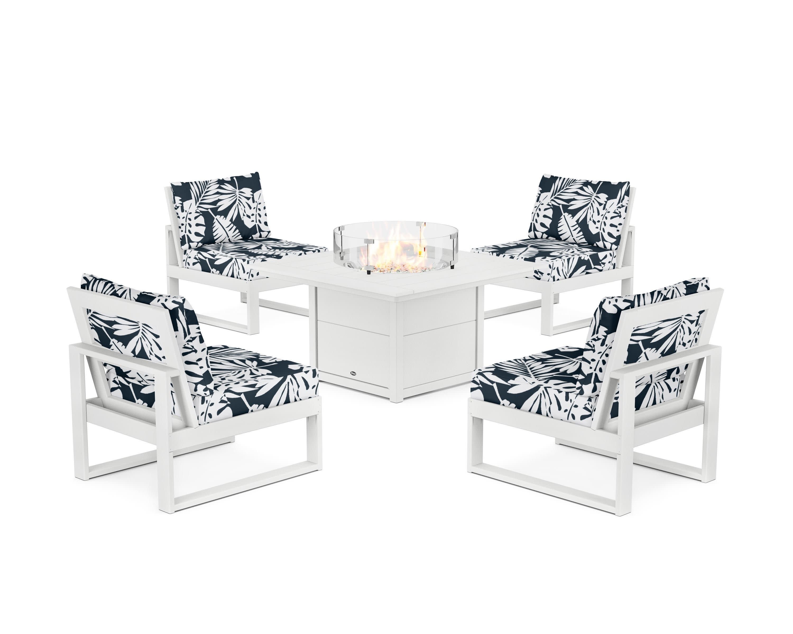 Eastport Modular 5-Piece Deep Seating Set with Square Fire Pit Table in Classic White / Leaf Marine Indigo