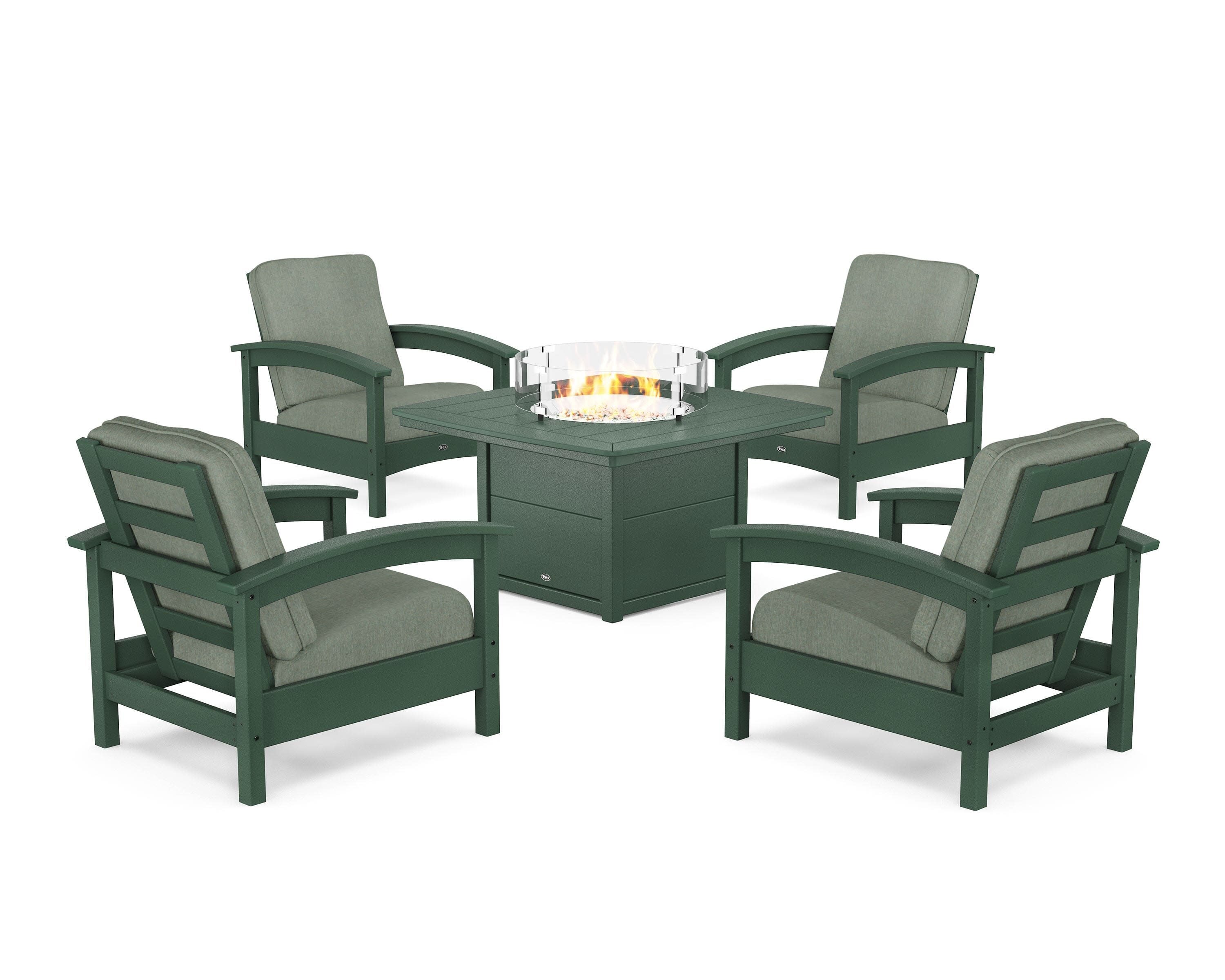 Rockport 5-Piece Deep Seating Set with Yacht Club Fire Pit Table in Rainforest Canopy / Cast Sage