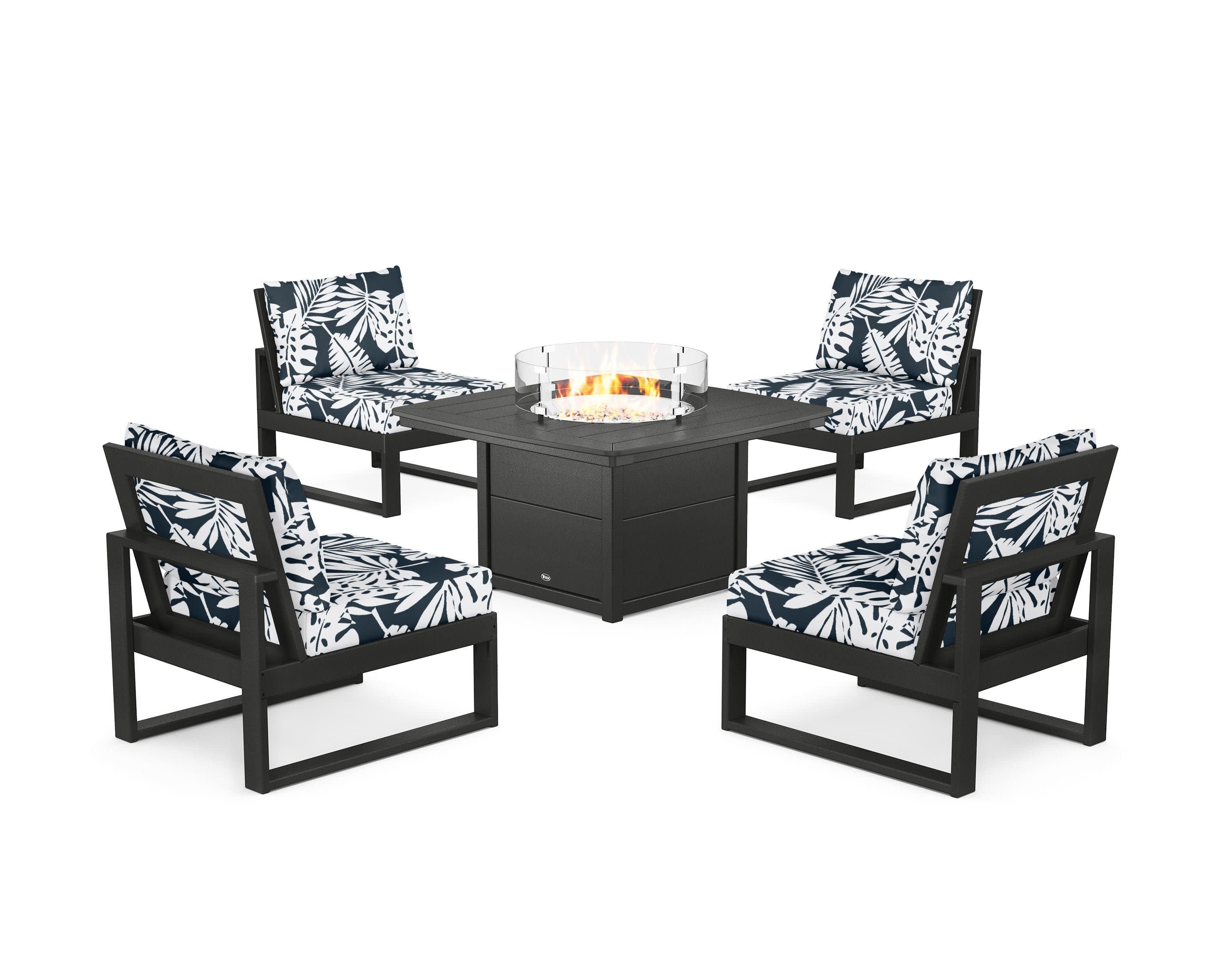 Eastport Modular 5-Piece Deep Seating Set with Yacht Club Fire Pit Table in Charcoal Black / Leaf Marine Indigo