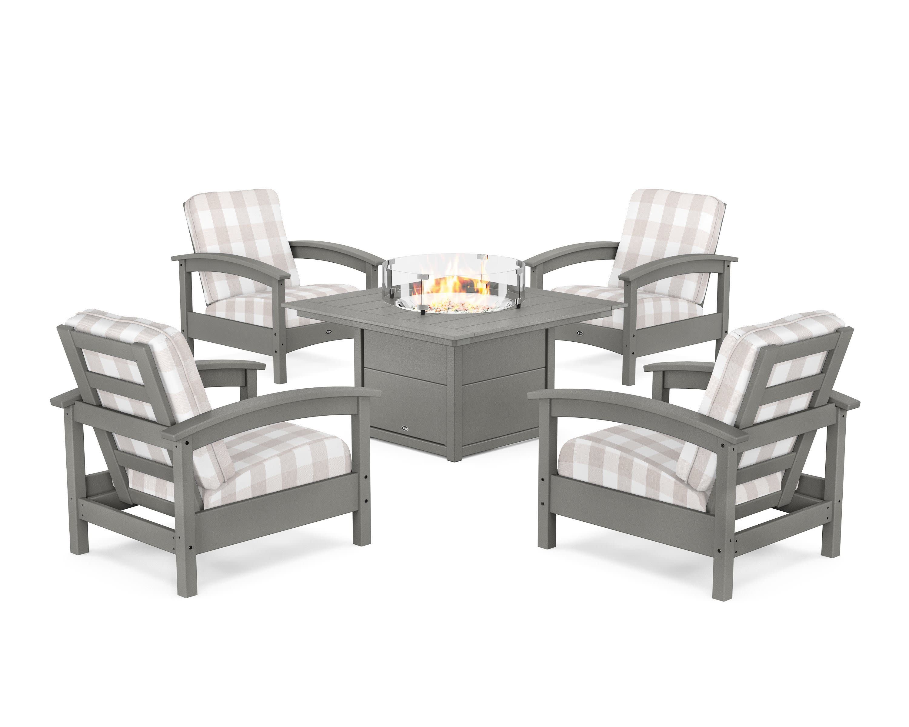 Rockport 5-Piece Deep Seating Set with Square Fire Pit Table in Stepping Stone / Buffalo Plaid Dune Burlap