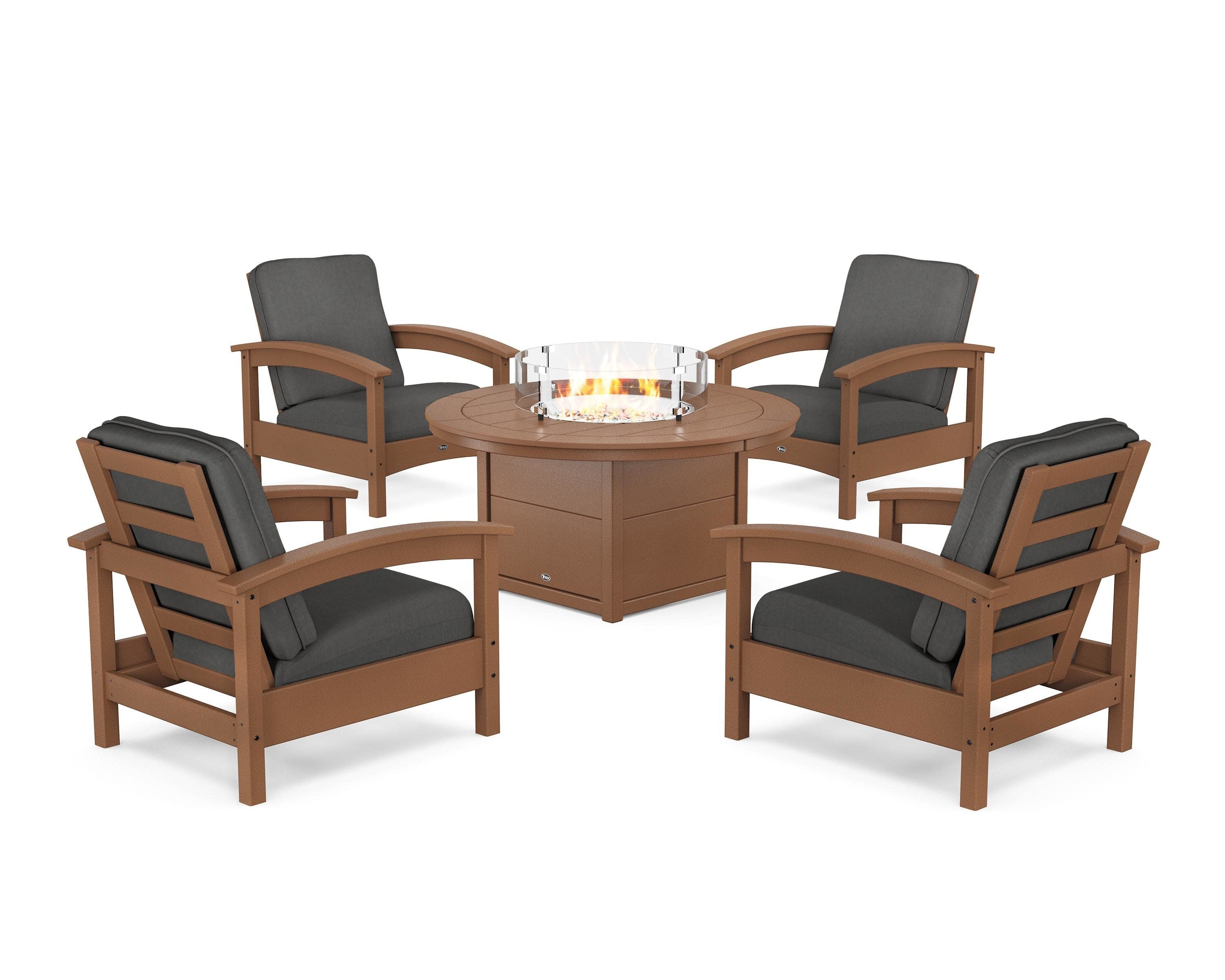 Rockport 5-Piece Deep Seating Set with Round Fire Pit Table in Tree House / Spectrum Carbon